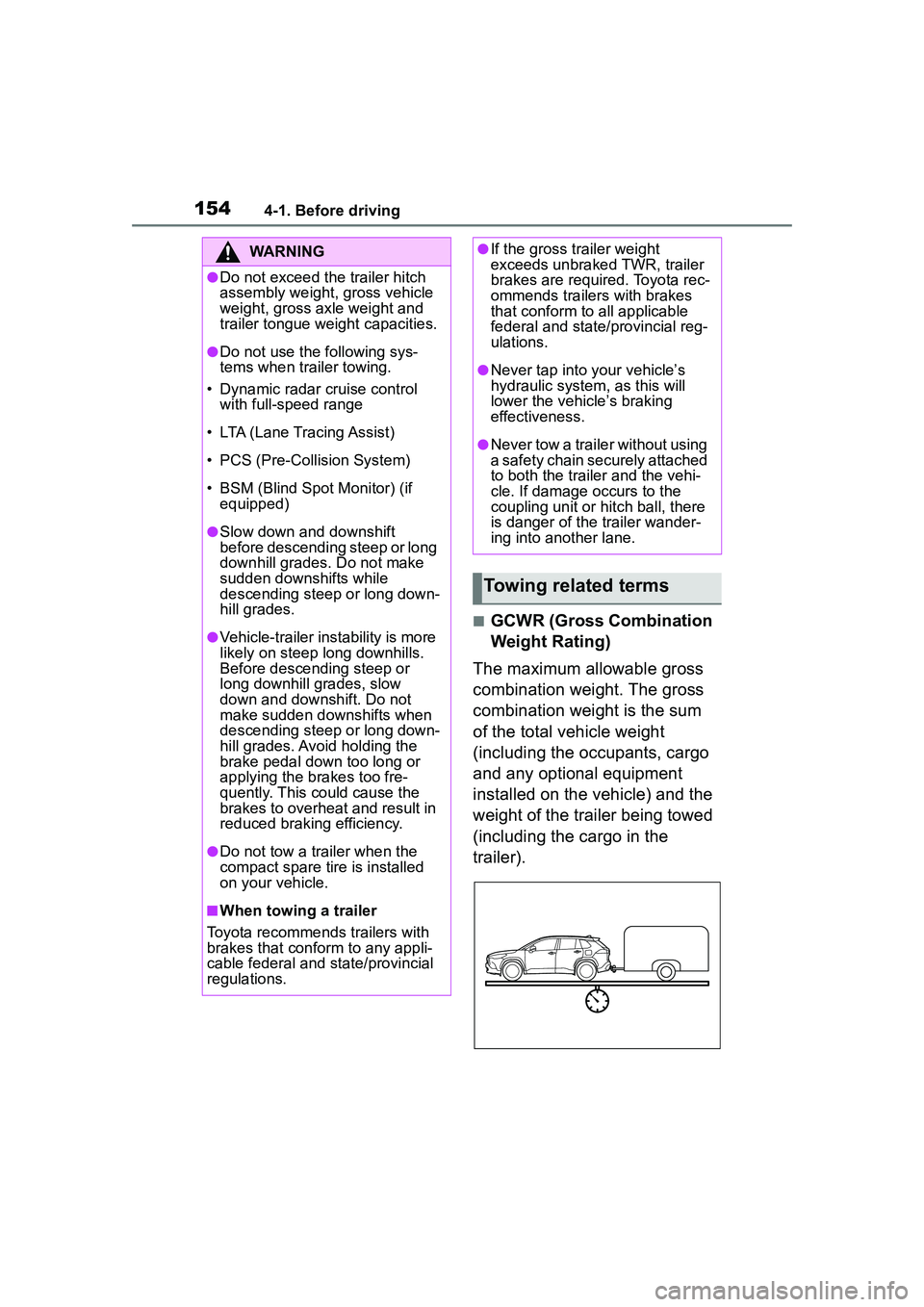 TOYOTA COROLLA CROSS 2022  Owners Manual 1544-1. Before driving
■GCWR (Gross Combination 
Weight Rating)
The maximum allowable gross 
combination weight. The gross 
combination weight is the sum 
of the total vehicle weight 
(including the