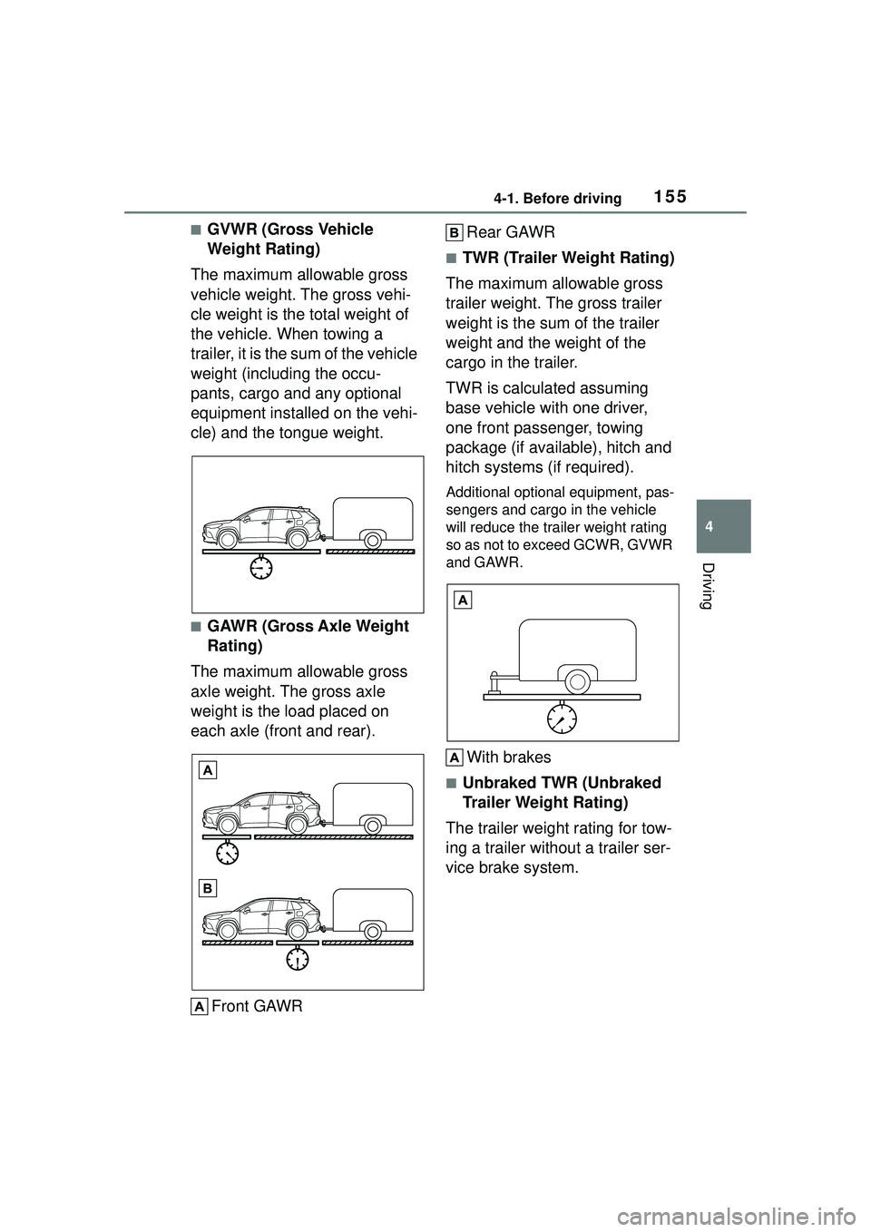 TOYOTA COROLLA CROSS 2022  Owners Manual 1554-1. Before driving
4
Driving
■GVWR (Gross Vehicle 
Weight Rating)
The maximum allowable gross 
vehicle weight. The gross vehi-
cle weight is the total weight of 
the vehicle. When towing a 
trai