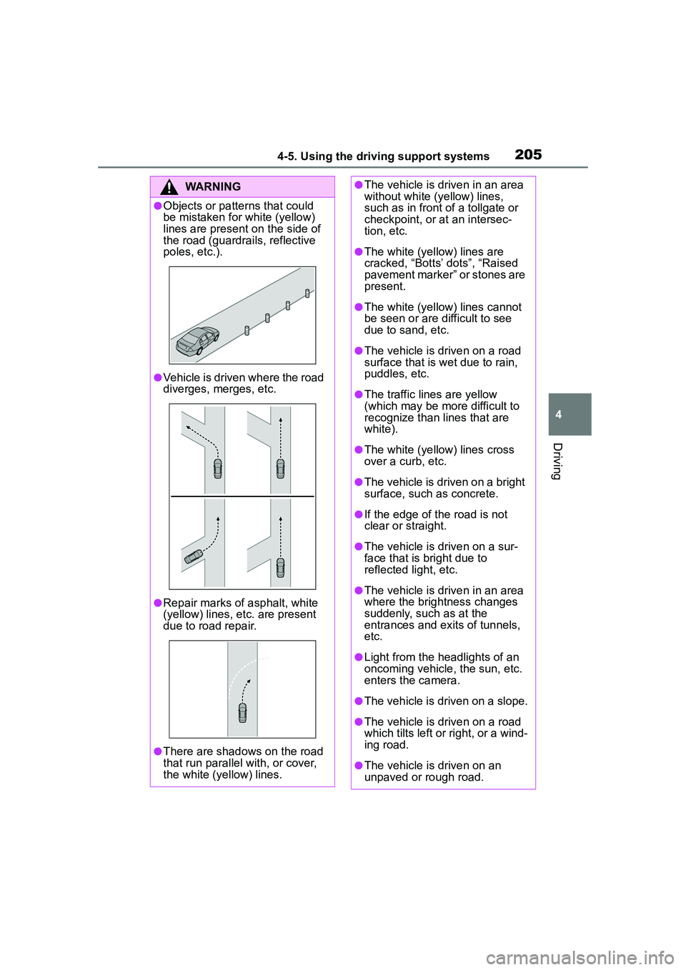 TOYOTA COROLLA CROSS 2022  Owners Manual 2054-5. Using the driving support systems
4
Driving
WARNING
●Objects or patterns that could 
be mistaken for white (yellow) 
lines are present on the side of 
the road (guardrails, reflective 
poles