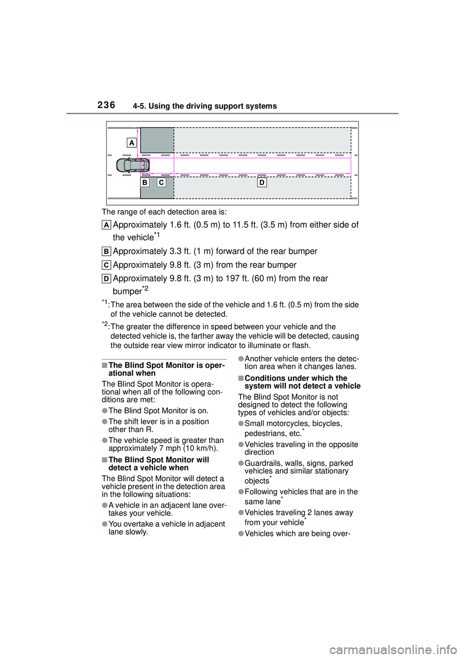 TOYOTA COROLLA CROSS 2022  Owners Manual 2364-5. Using the driving support systems
The range of each detection area is:
Approximately 1.6 ft. (0.5 m) to 11.5 ft. (3.5 m) from either side of 
the vehicle
*1
Approximately 3.3 ft. (1 m) forward