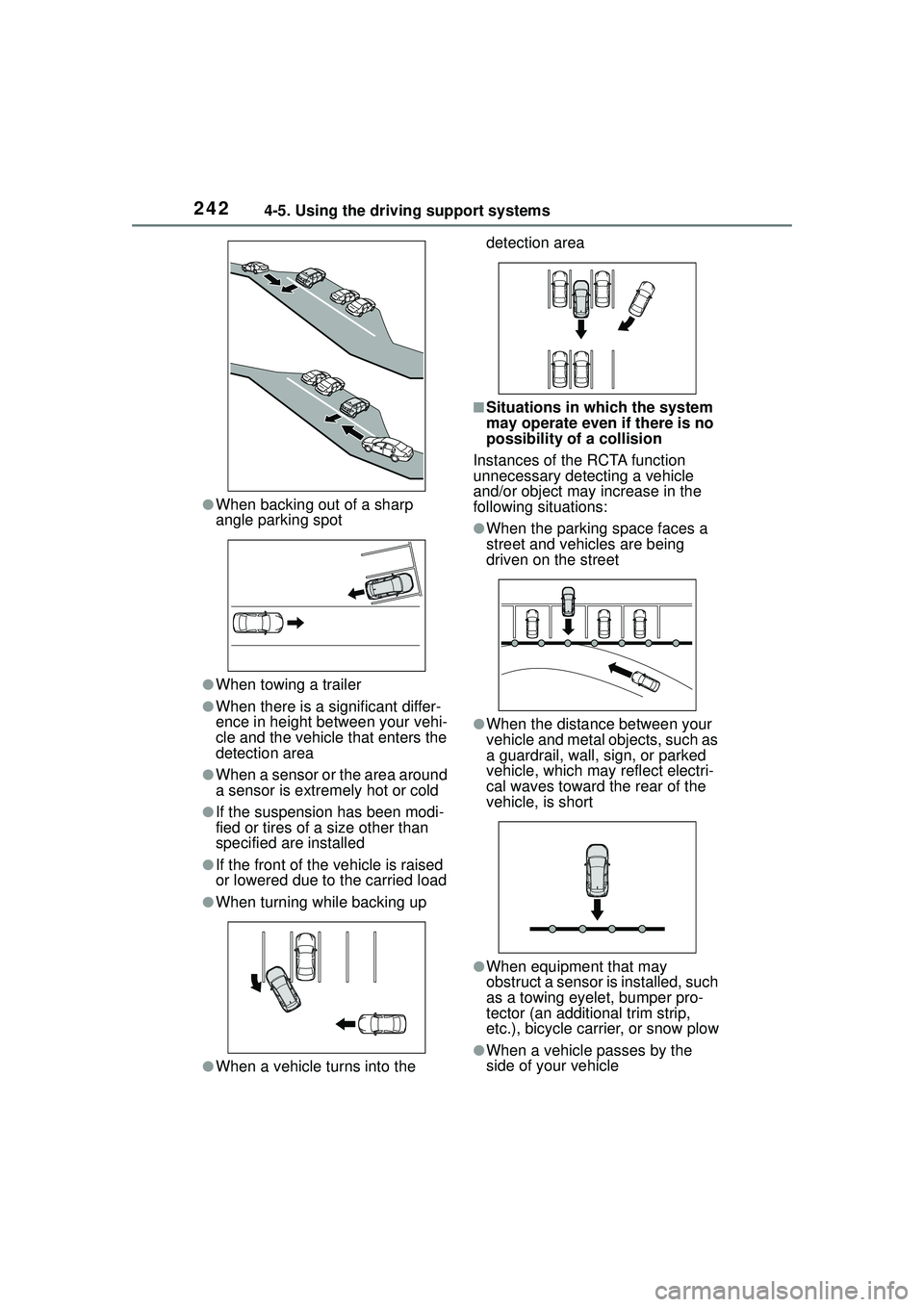 TOYOTA COROLLA CROSS 2022  Owners Manual 2424-5. Using the driving support systems
●When backing out of a sharp 
angle parking spot
●When towing a trailer
●When there is a significant differ-
ence in height between your vehi-
cle and t