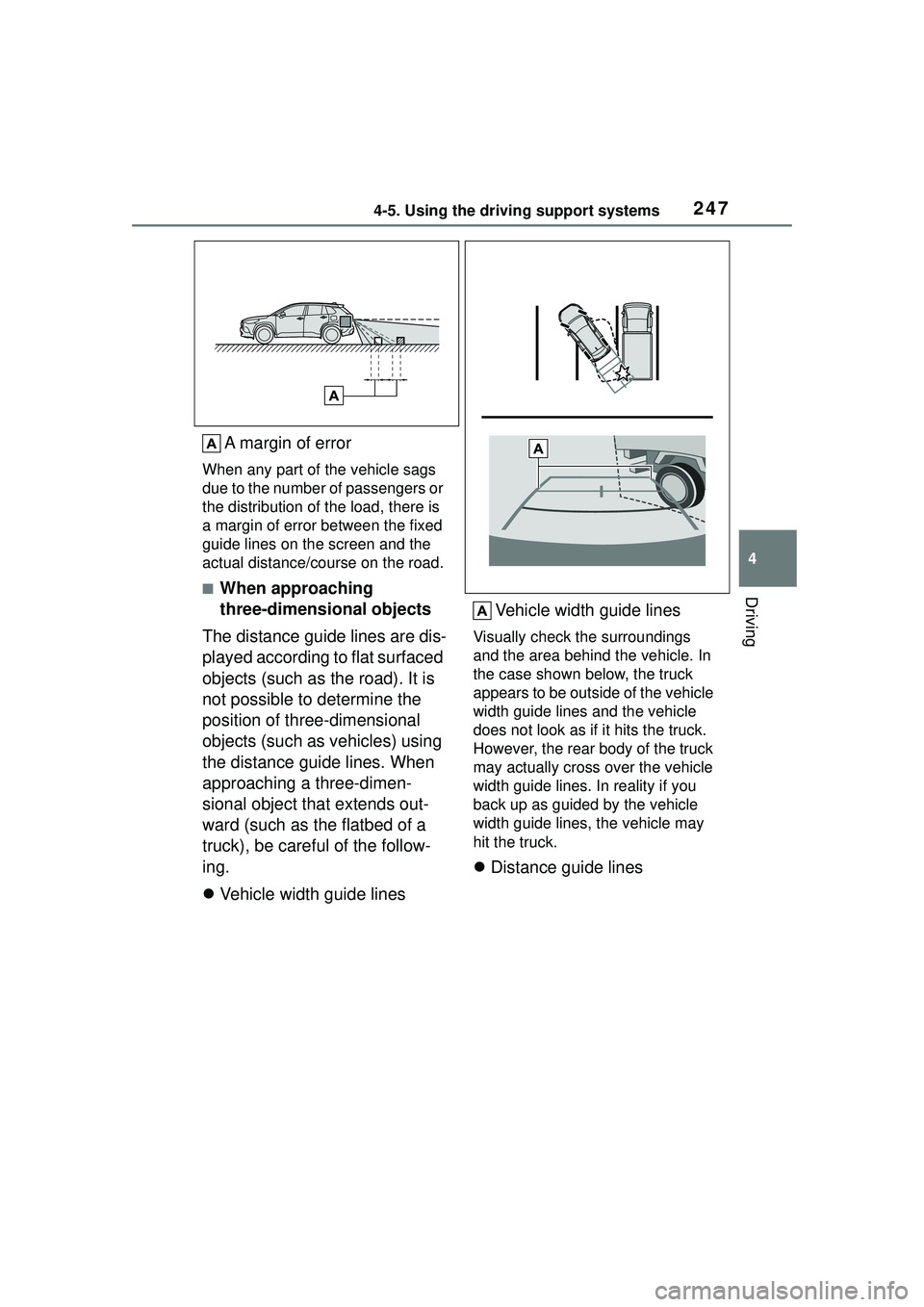 TOYOTA COROLLA CROSS 2022  Owners Manual 2474-5. Using the driving support systems
4
Driving
A margin of error
When any part of the vehicle sags 
due to the number of passengers or 
the distribution of the load, there is 
a margin of error b