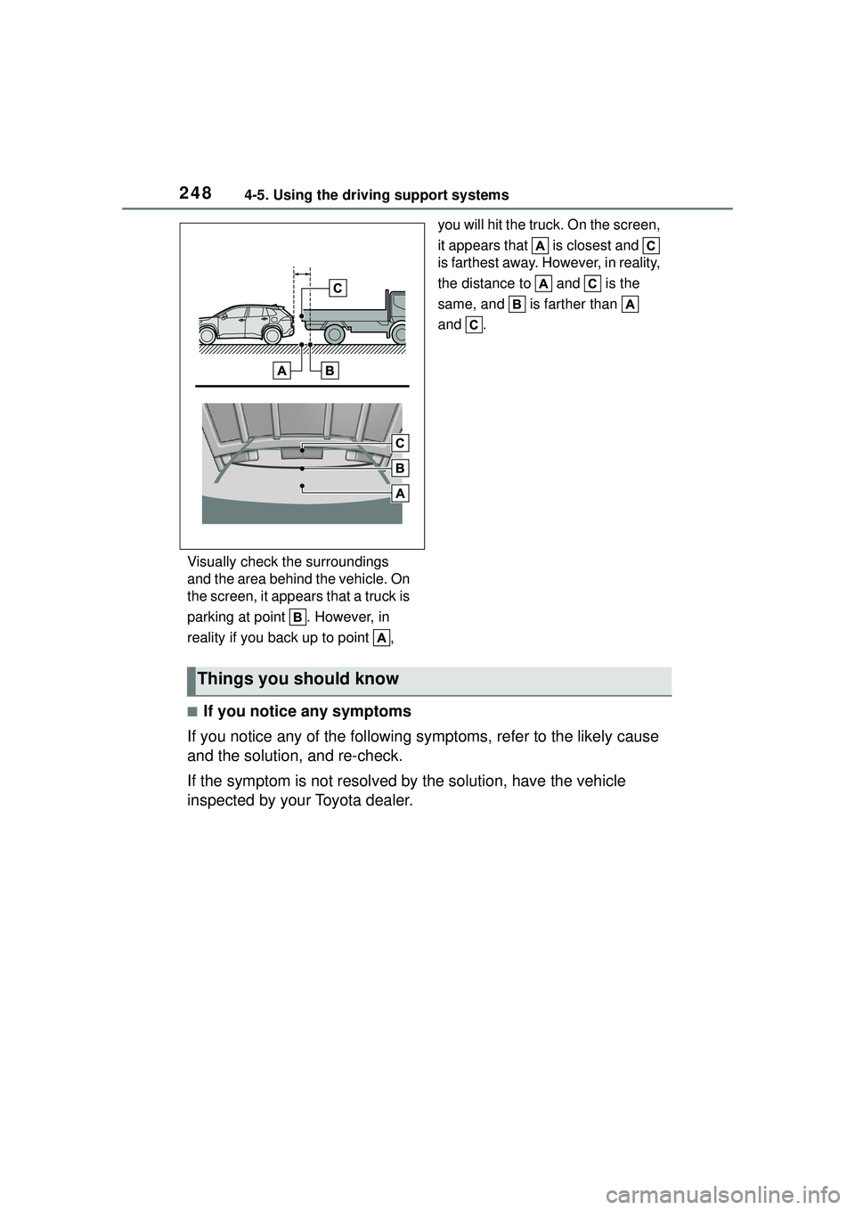 TOYOTA COROLLA CROSS 2022  Owners Manual 2484-5. Using the driving support systems
Visually check the surroundings 
and the area behind the vehicle. On 
the screen, it appears that a truck is 
parking at point  . However, in 
reality if you 