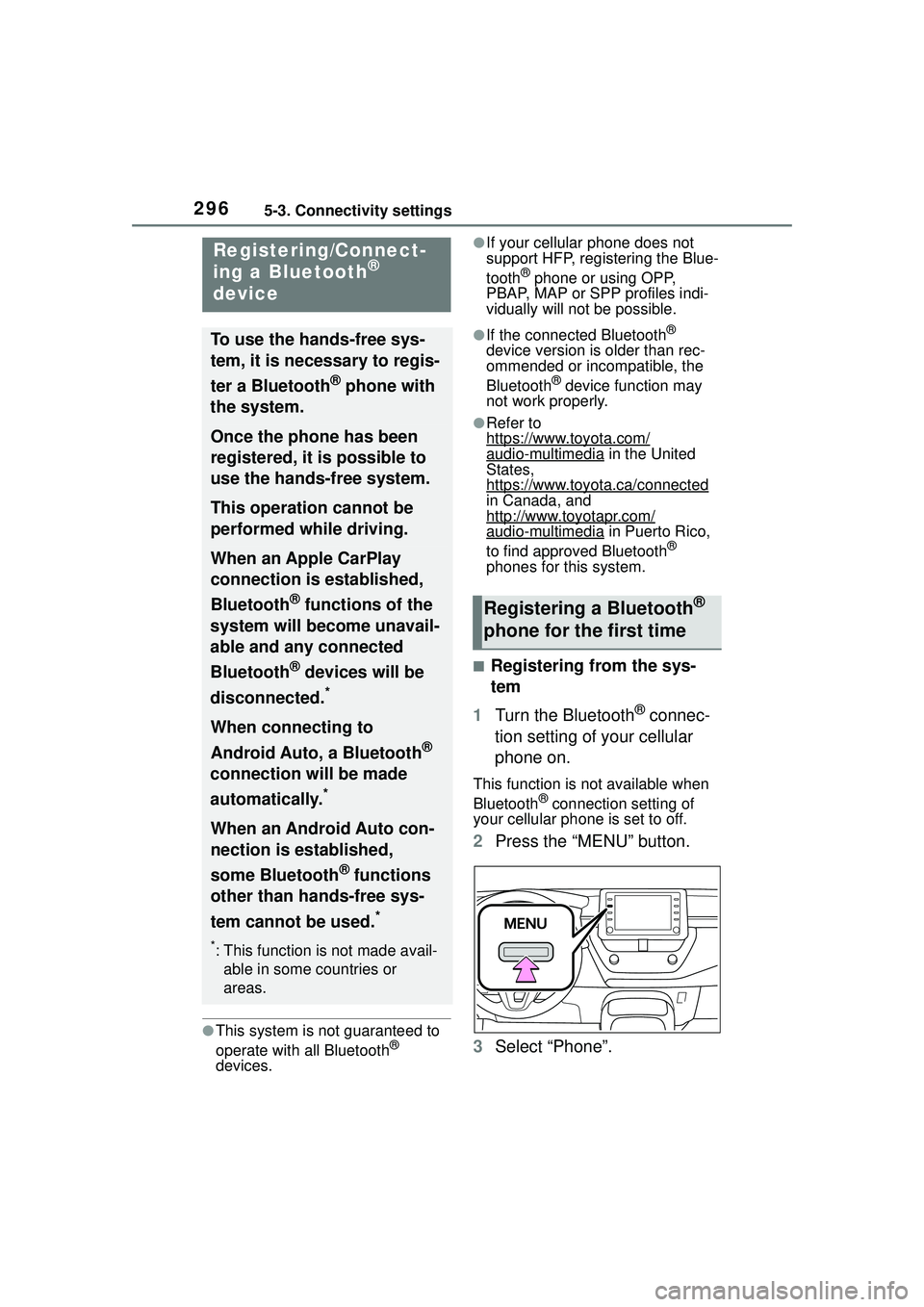 TOYOTA COROLLA CROSS 2022  Owners Manual 2965-3. Connectivity settings
5-3.Connectivity settings
●This system is not guaranteed to 
operate with all Bluetooth® 
devices.
●If your cellular phone does not 
support HFP, registering the Blu
