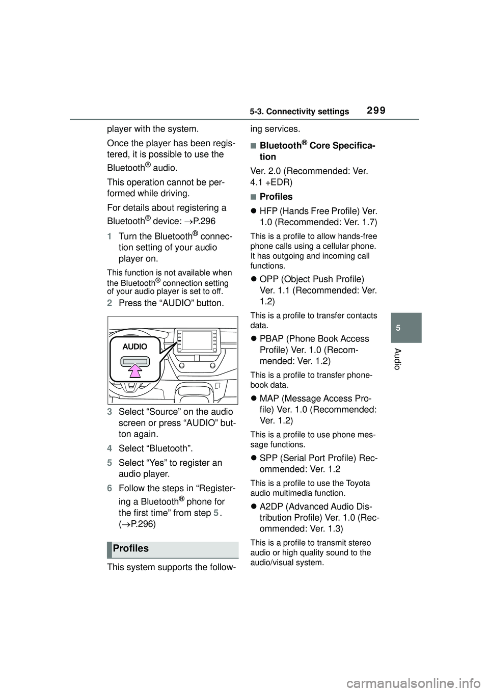 TOYOTA COROLLA CROSS 2022  Owners Manual 2995-3. Connectivity settings
5
Audio
player with the system.
Once the player has been regis-
tered, it is possible to use the 
Bluetooth
® audio.
This operation cannot be per-
formed while driving.
