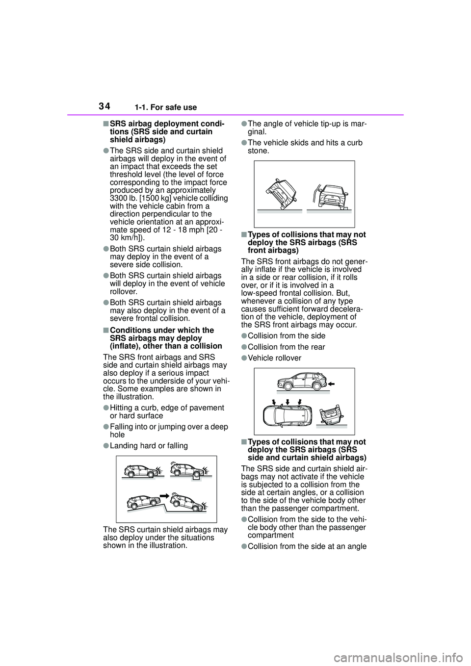 TOYOTA COROLLA CROSS 2022  Owners Manual 341-1. For safe use
■SRS airbag deployment condi-
tions (SRS side and curtain 
shield airbags)
●The SRS side and curtain shield 
airbags will deploy in the event of 
an impact that exceeds the set
