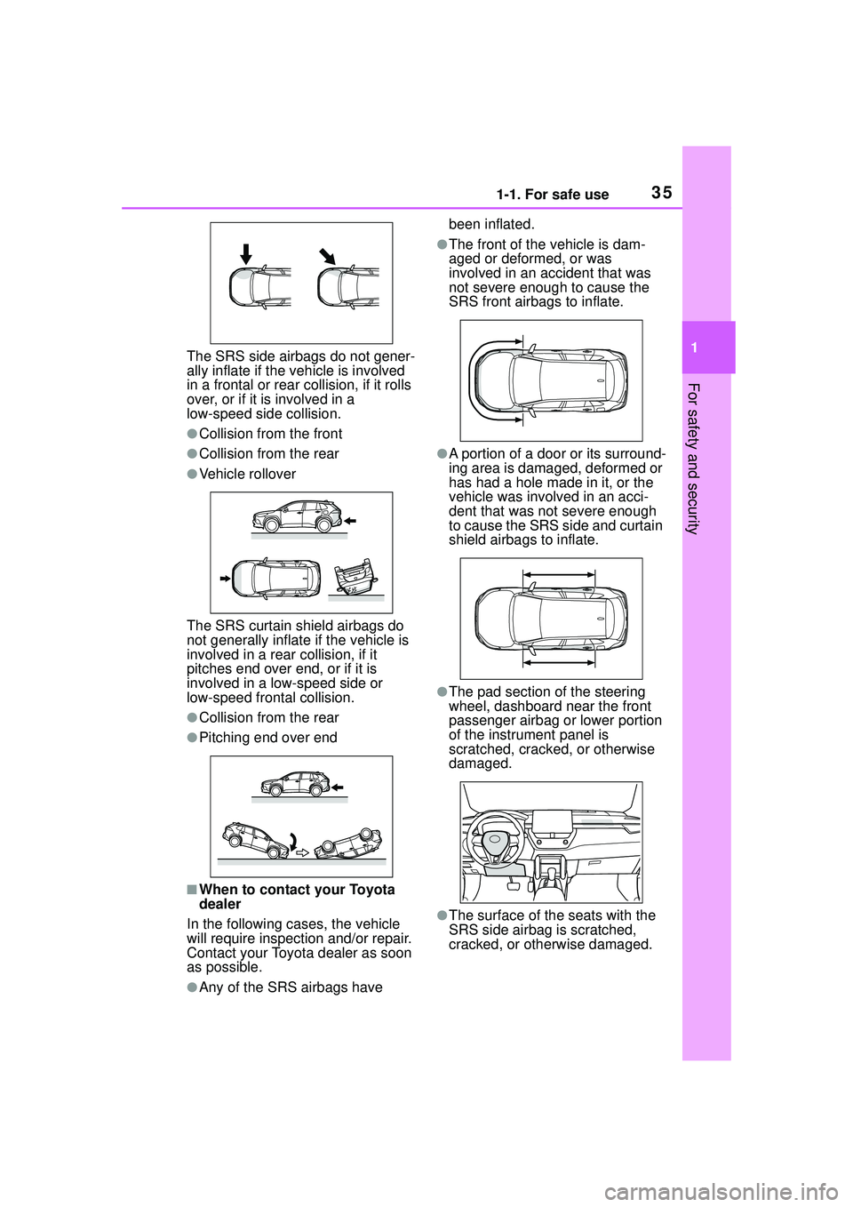 TOYOTA COROLLA CROSS 2022  Owners Manual 351-1. For safe use
1
For safety and security
The SRS side airbags do not gener-
ally inflate if the vehicle is involved 
in a frontal or rear collision, if it rolls 
over, or if it is involved in a 
