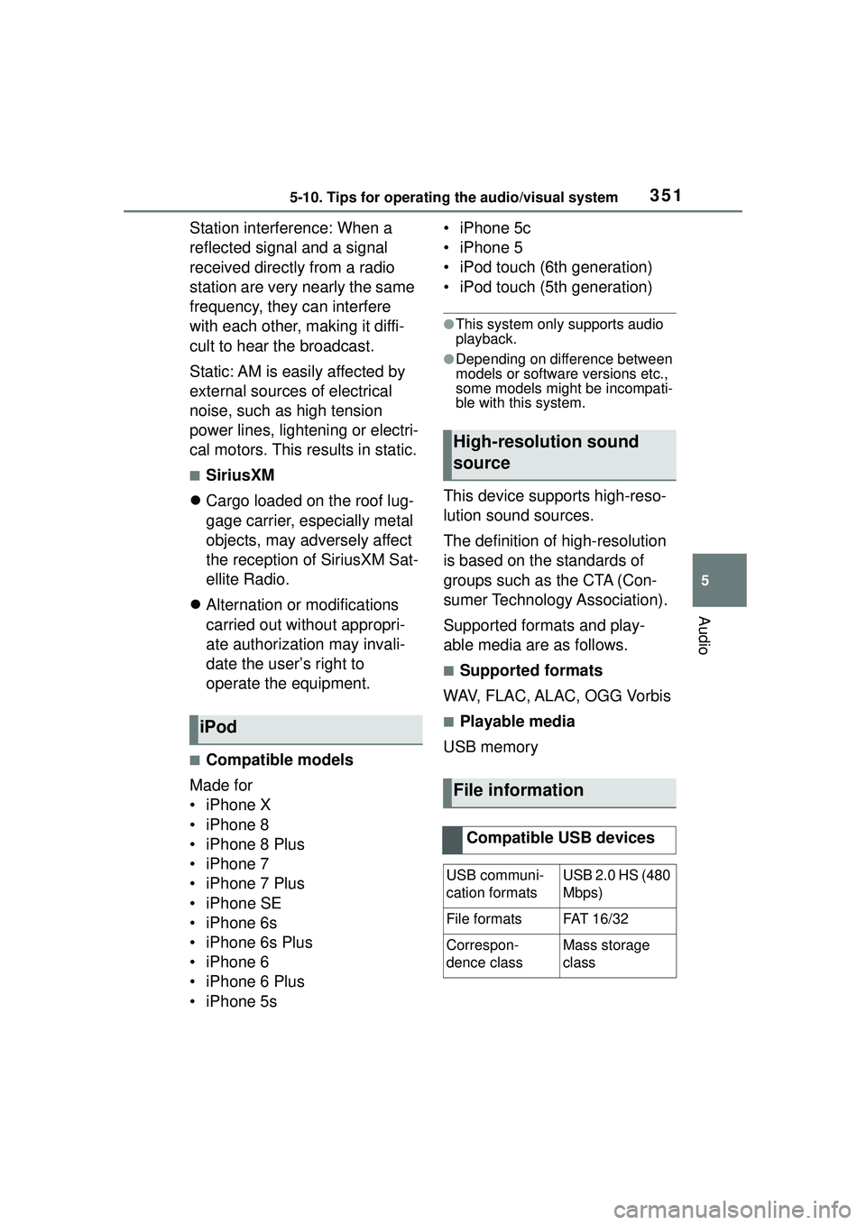 TOYOTA COROLLA CROSS 2022  Owners Manual 3515-10. Tips for operating the audio/visual system
5
Audio
Station interference: When a 
reflected signal and a signal 
received directly from a radio 
station are very nearly the same 
frequency, th