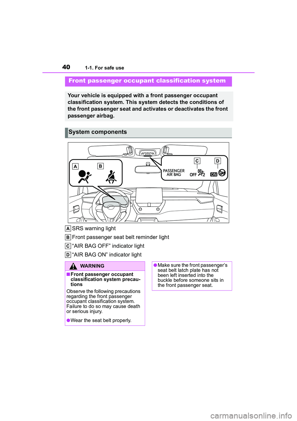 TOYOTA COROLLA CROSS 2022  Owners Manual 401-1. For safe use
SRS warning light
Front passenger seat belt reminder light
“AIR BAG OFF” indicator light
“AIR BAG ON” indicator light
Front passenger occupant classification system
Your ve