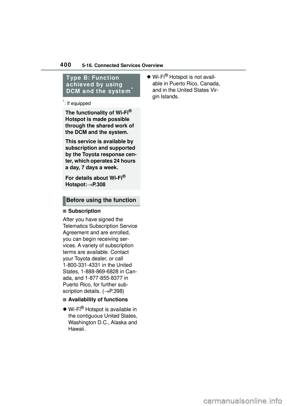 TOYOTA COROLLA CROSS 2022  Owners Manual 4005-16. Connected Services Overview
*: If equipped
■Subscription
After you have signed the 
Telematics Subscription Service 
Agreement and are enrolled, 
you can begin receiving ser-
vices. A varie