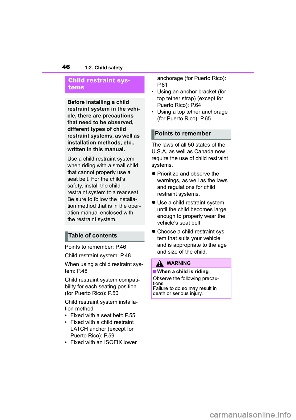TOYOTA COROLLA CROSS 2022  Owners Manual 461-2. Child safety
Points to remember: P.46
Child restraint system: P.48
When using a child restraint sys-
tem: P.48
Child restraint system compati-
bility for each seating position 
(for Puerto Rico