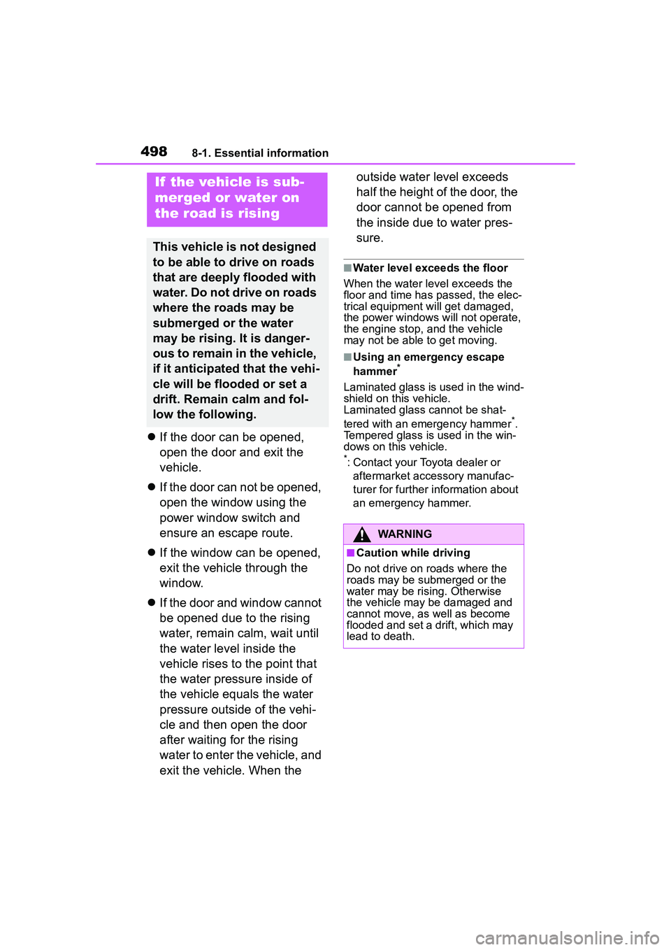 TOYOTA COROLLA CROSS 2022  Owners Manual 4988-1. Essential information
If the door can be opened, 
open the door and exit the 
vehicle.
 If the door can not be opened, 
open the window using the 
power window switch and 
ensure an esca