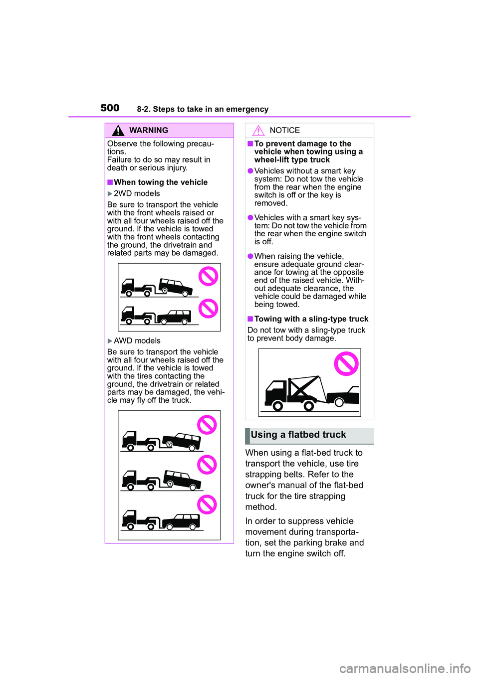 TOYOTA COROLLA CROSS 2022  Owners Manual 5008-2. Steps to take in an emergency
When using a flat-bed truck to 
transport the vehicle, use tire 
strapping belts. Refer to the 
owners manual of the flat-bed 
truck for the tire strapping 
meth
