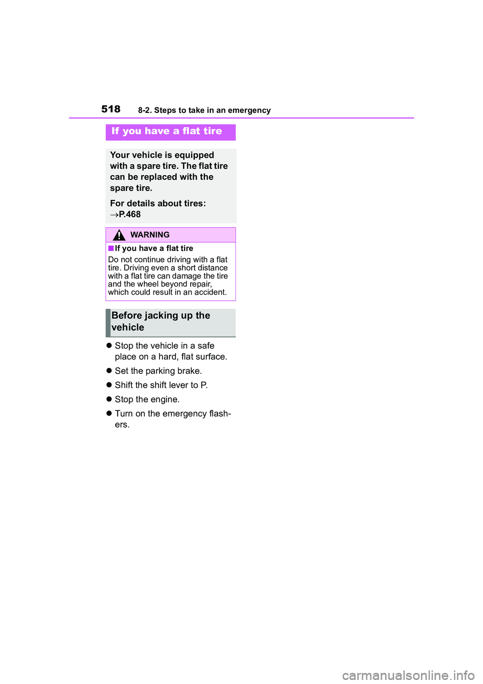 TOYOTA COROLLA CROSS 2022  Owners Manual 5188-2. Steps to take in an emergency
Stop the vehicle in a safe 
place on a hard, flat surface.
 Set the parking brake.
 Shift the shift lever to P.
 Stop the engine.
 Turn on the emer