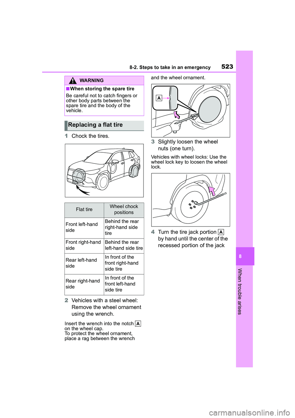TOYOTA COROLLA CROSS 2022  Owners Manual 5238-2. Steps to take in an emergency
8
When trouble arises
1Chock the tires.
2 Vehicles with a steel wheel: 
Remove the wheel ornament 
using the wrench.
Insert the wrench into the notch   
on the wh