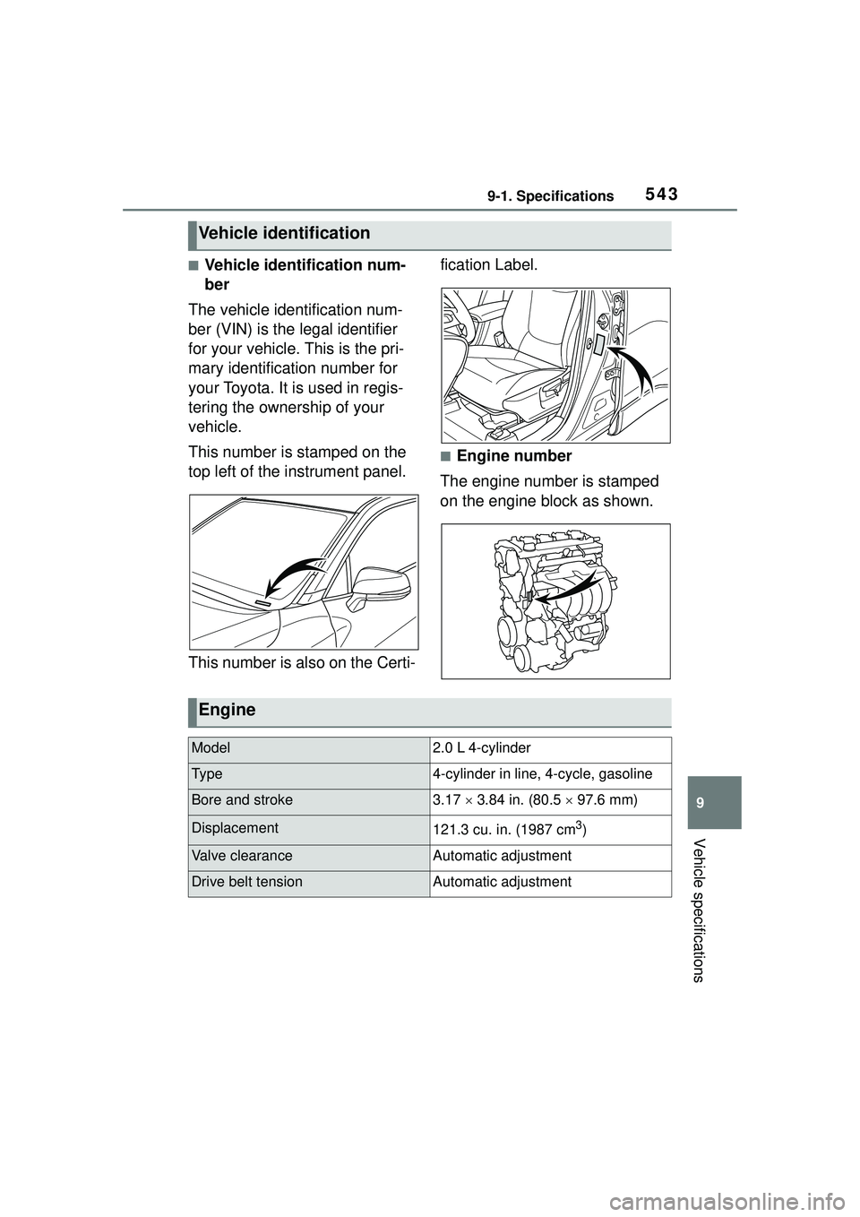 TOYOTA COROLLA CROSS 2022  Owners Manual 5439-1. Specifications
9
Vehicle specifications
■Vehicle identification num-
ber
The vehicle identification num-
ber (VIN) is the legal identifier 
for your vehicle. This is the pri-
mary identifica
