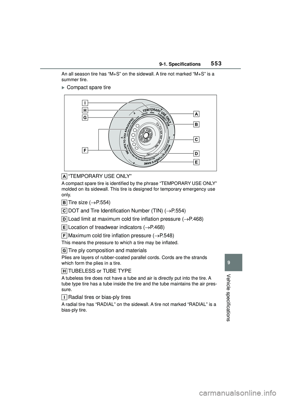 TOYOTA COROLLA CROSS 2022  Owners Manual 5539-1. Specifications
9
Vehicle specifications
An all season tire has “M+S” on the sidewall. A tire not marked “M+S” is a 
summer tire.
Compact spare tire
“TEMPORARY USE ONLY”
A compac