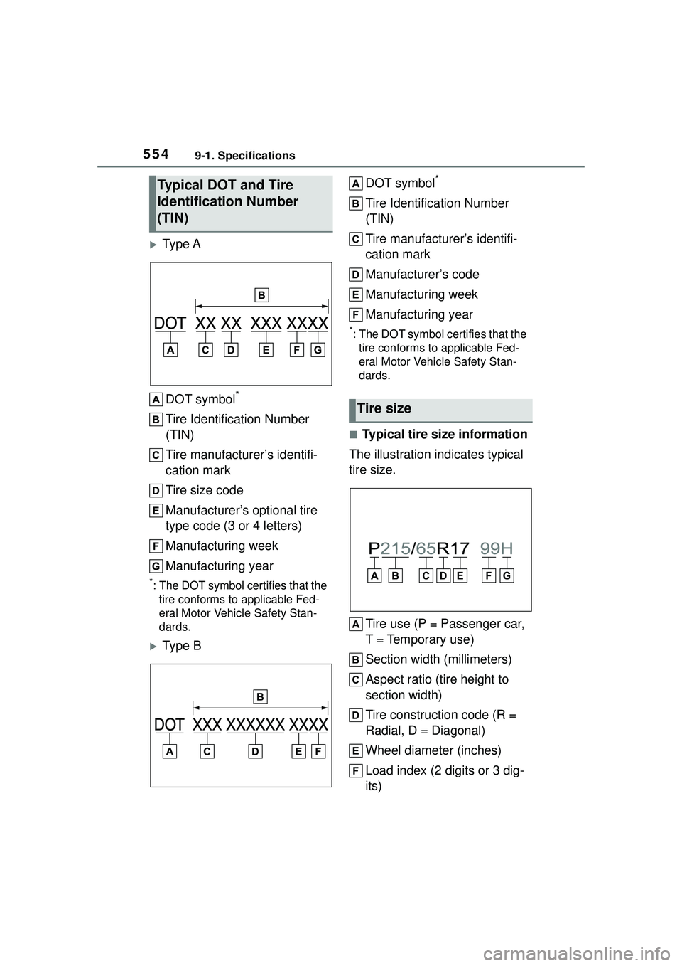 TOYOTA COROLLA CROSS 2022  Owners Manual 5549-1. Specifications
Ty p e ADOT symbol
*
Tire Identification Number 
(TIN)
Tire manufacturer’s identifi-
cation mark
Tire size code
Manufacturer’s optional tire 
type code (3 or 4 letters)
M