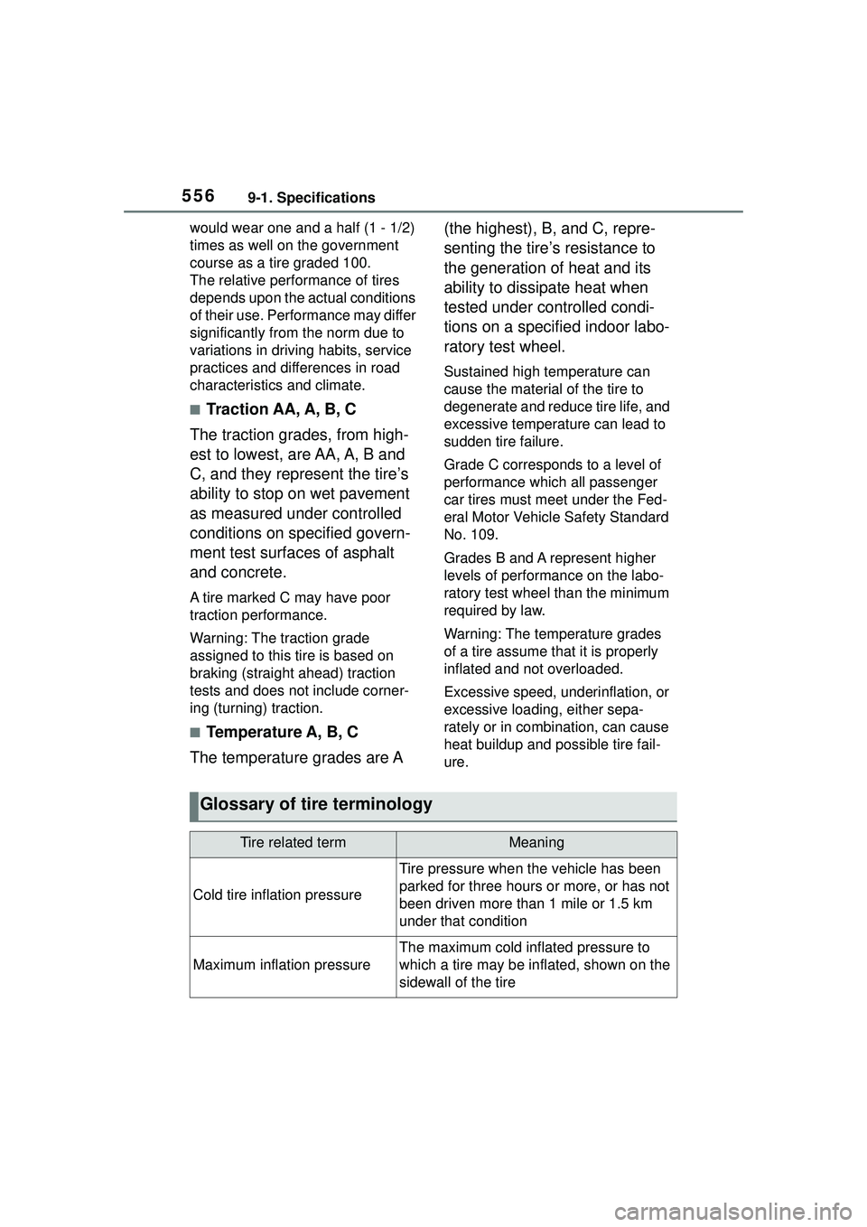 TOYOTA COROLLA CROSS 2022  Owners Manual 5569-1. Specifications
would wear one and a half (1 - 1/2) 
times as well on the government 
course as a tire graded 100.
The relative performance of tires 
depends upon the actual conditions 
of thei