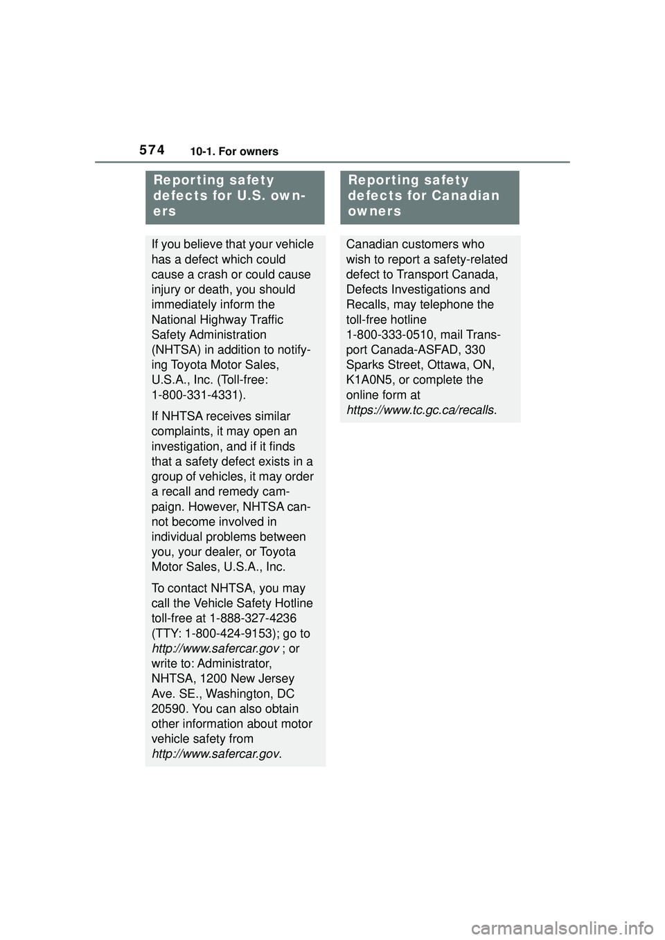 TOYOTA COROLLA CROSS 2022  Owners Manual 57410-1. For owners
10-1.For owners
Repor ting safety 
defects for U.S. own-
ers
If you believe that your vehicle 
has a defect which could 
cause a crash or could cause 
injury or death, you should 

