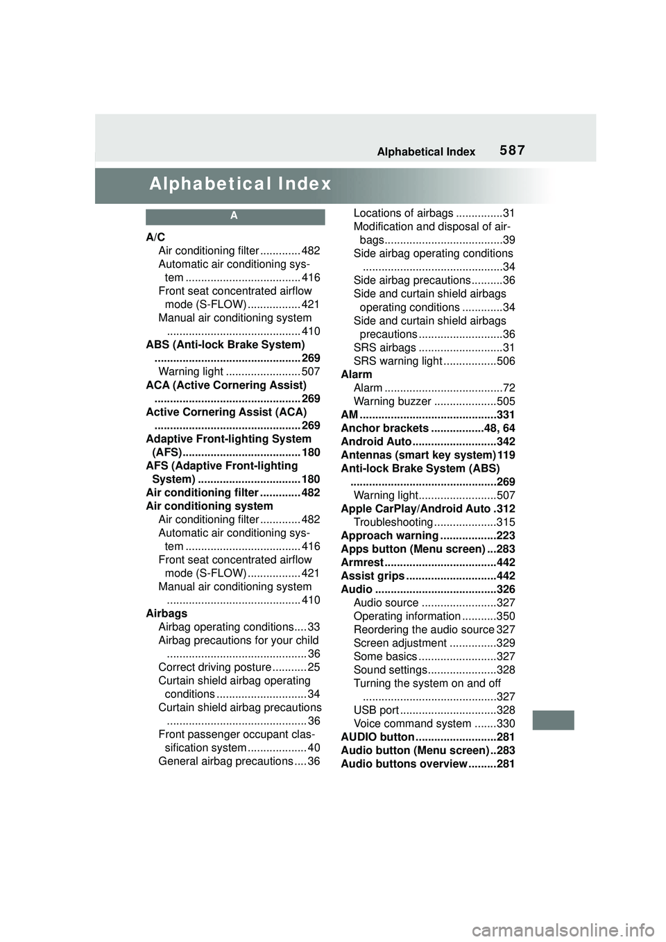 TOYOTA COROLLA CROSS 2022  Owners Manual 587Alphabetical Index
Alphabetical Index
A
A/CAir conditioning filter ............. 482
Automatic air conditioning sys-tem ..................................... 416
Front seat concentrated airflow  mo