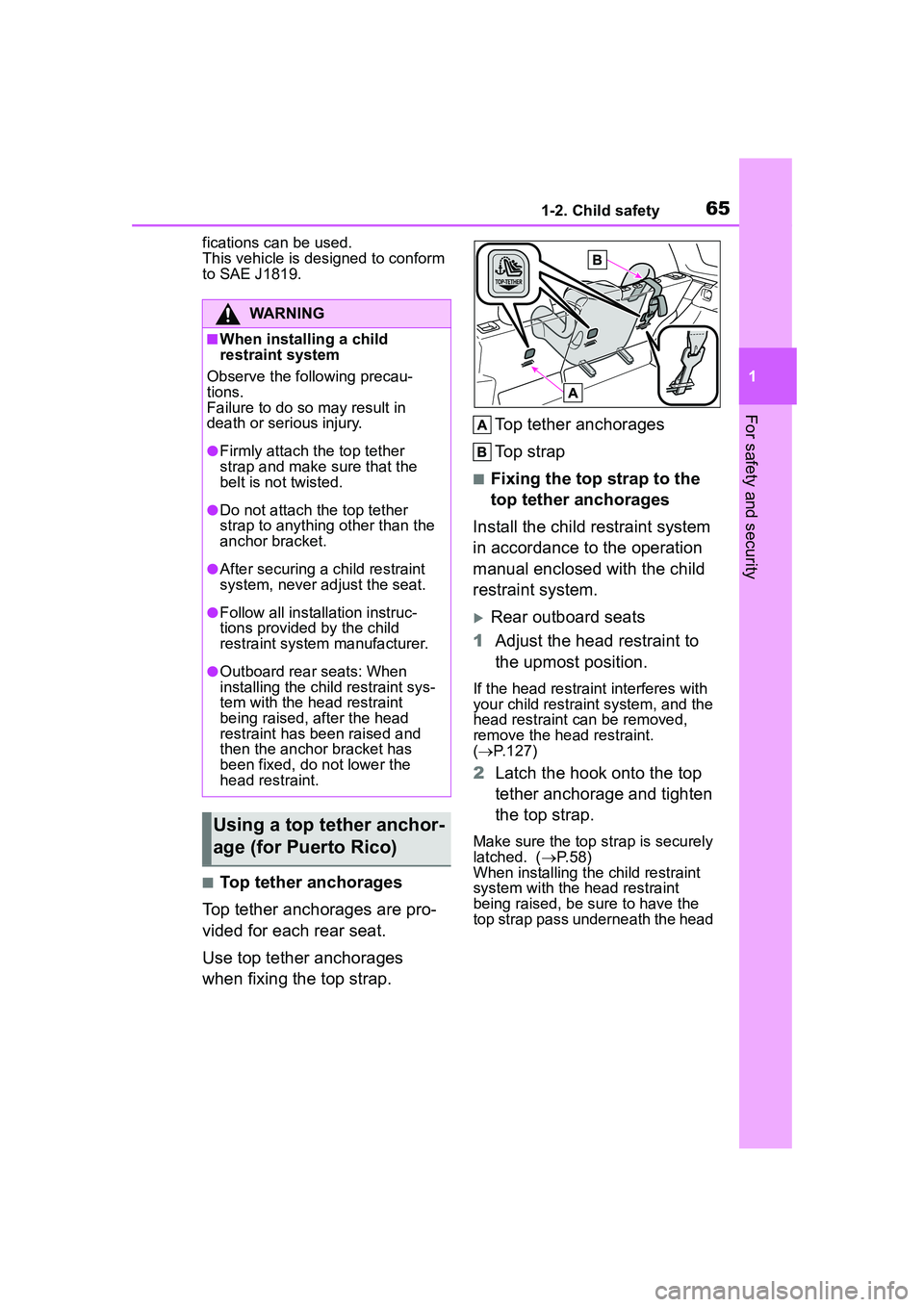 TOYOTA COROLLA CROSS 2022  Owners Manual 651-2. Child safety
1
For safety and security
fications can be used. 
This vehicle is designed to conform 
to SAE J1819.
■Top tether anchorages
Top tether anchorages are pro-
vided for each rear sea