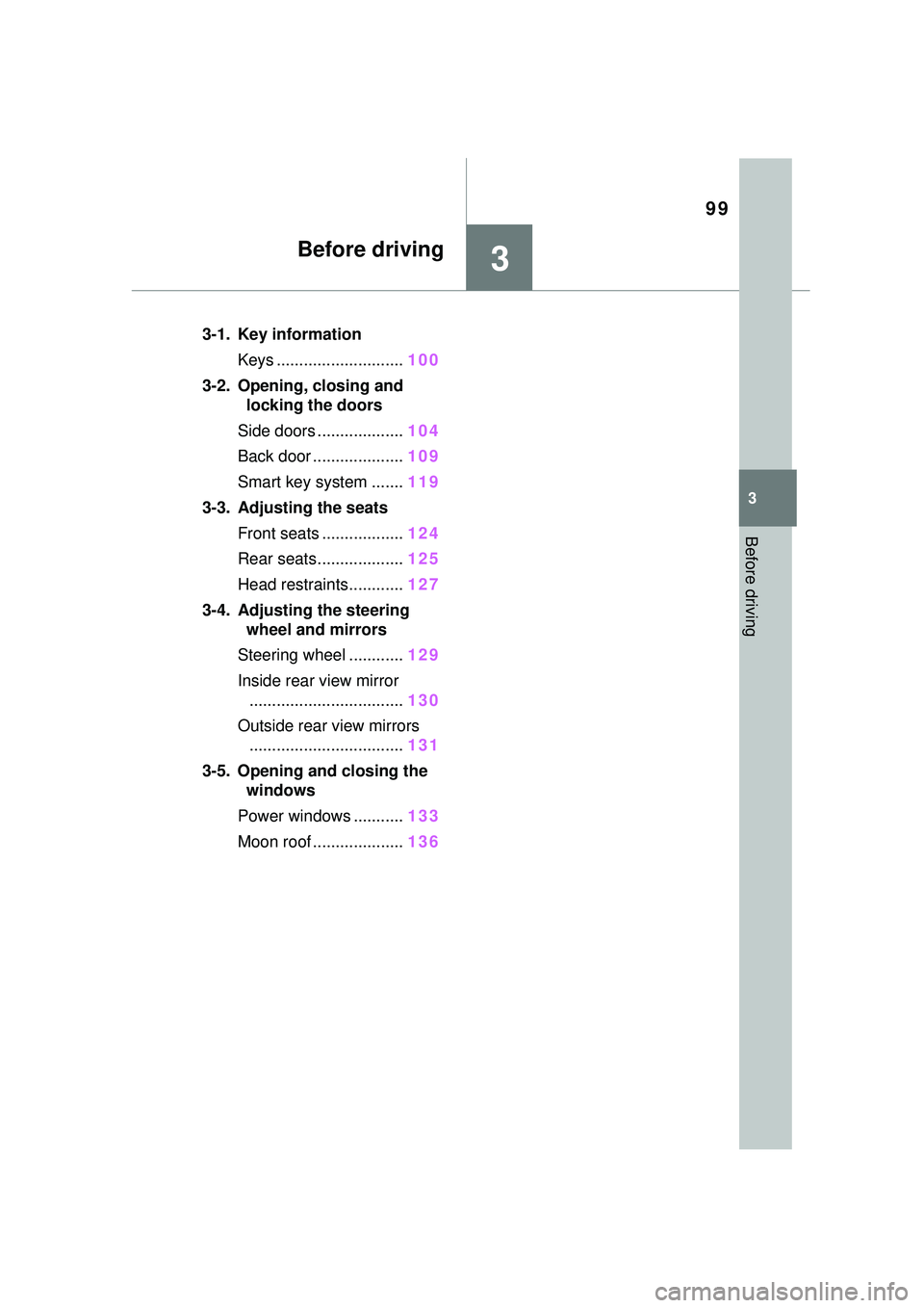 TOYOTA COROLLA CROSS 2022  Owners Manual 99
3
3
Before driving
Before driving
.3-1. Key informationKeys ............................ 100
3-2. Opening, closing and locking the doors
Side doors ................... 104
Back door ...............