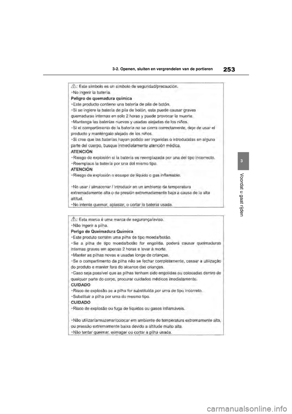 TOYOTA COROLLA HATCHBACK 2020  Instructieboekje (in Dutch) 253
3
COROLLA_TMUK_EE 3-2. Openen, sluiten en vergrendelen van de portieren
Voordat u gaat rijden
COROLLA(TMUK)_OM_Europe_OM12N21E.book  Page
 253  Thursday, October 24, 2019  2:54 PM 