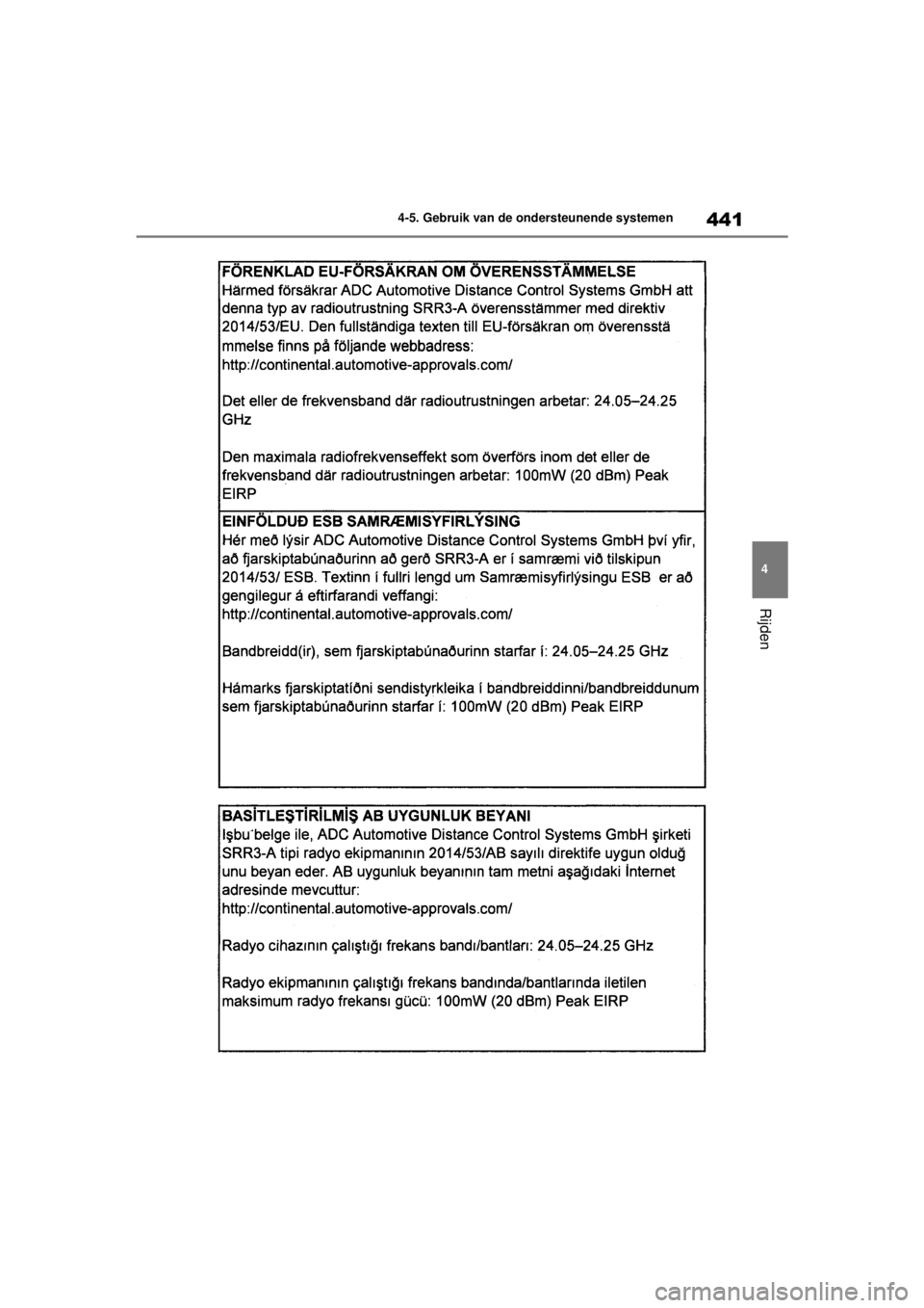 TOYOTA COROLLA HATCHBACK 2020  Instructieboekje (in Dutch) 441
4
COROLLA_TMUK_EE 4-5. Gebruik van de ondersteunende systemen
Rijden
COROLLA(TMUK)_OM_Europe_OM12N21E.book  Page
 441  Thursday, October 24, 2019  2:54 PM 