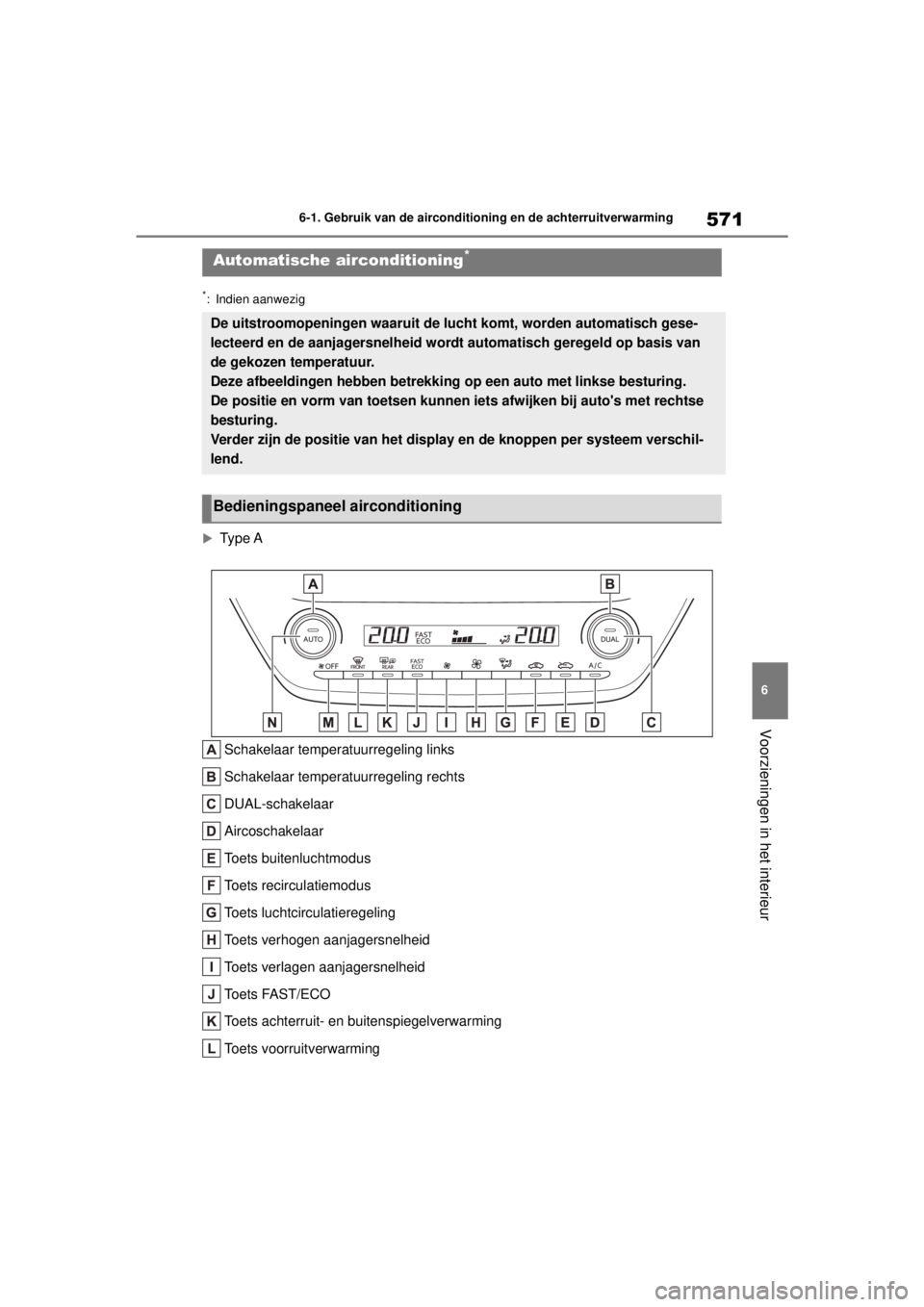 TOYOTA COROLLA HATCHBACK 2020  Instructieboekje (in Dutch) 571
6
COROLLA_TMUK_EE 6-1. Gebruik van de airconditioning en de achterruitverwarming
Voorzieningen in het interieur
*: Indien aanwezig

Type A Schakelaar temperatuurregeling links
Schakelaar temper
