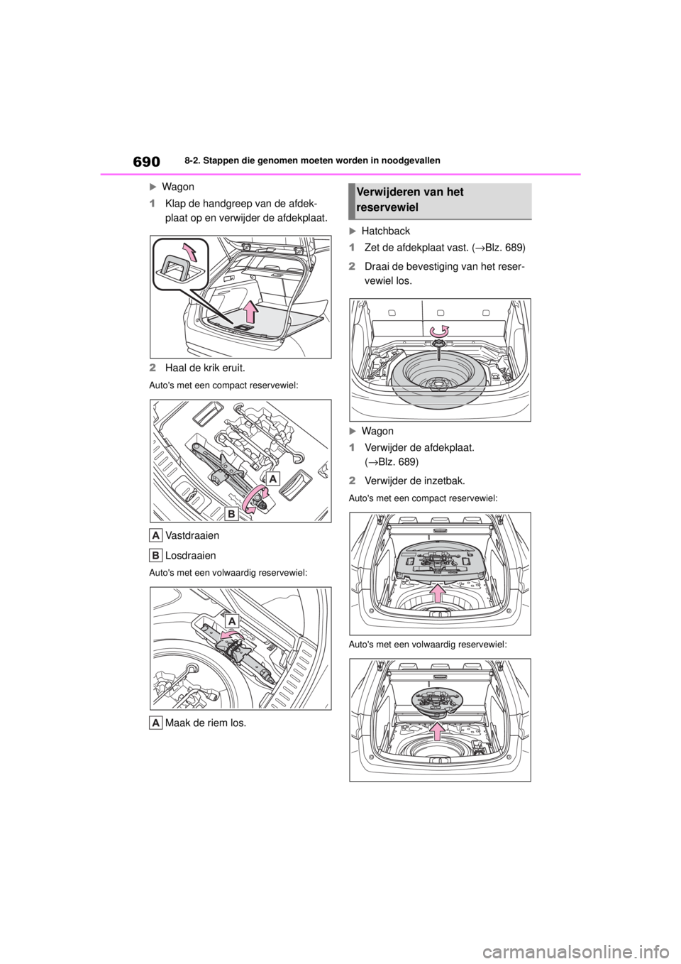TOYOTA COROLLA HATCHBACK 2020  Instructieboekje (in Dutch) 690
COROLLA_TMUK_EE8-2. Stappen die genomen moeten worden in noodgevallen

Wagon
1 Klap de handgreep van de afdek-
plaat op en verwijder de afdekplaat.
2 Haal de krik eruit.
Autos met een compact 