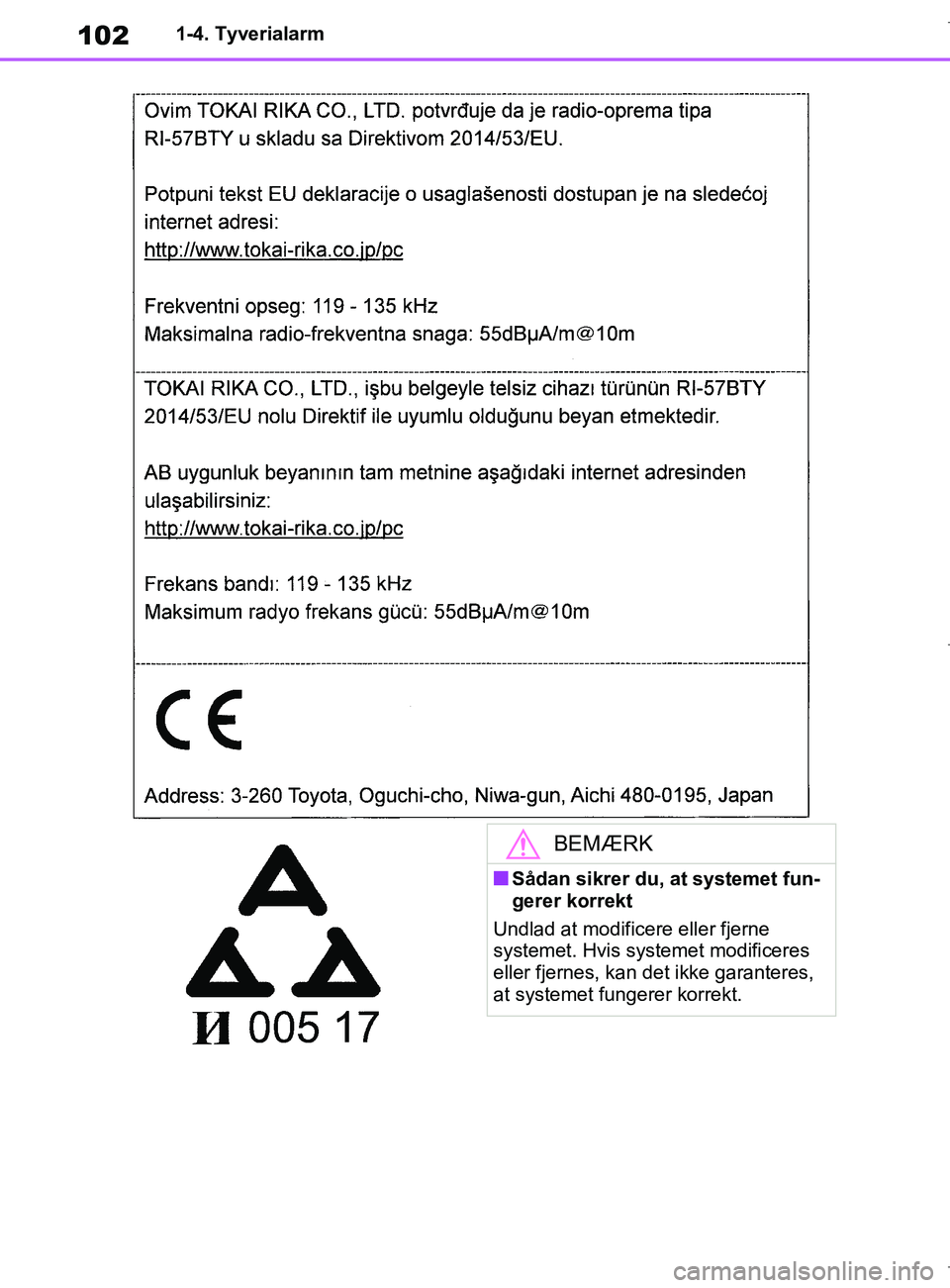 TOYOTA COROLLA HATCHBACK 2019  Brugsanvisning (in Danish) 102
COROLLA_TMUK_EE1-4. Tyverialarm
BEMÆRK
nSådan sikrer du, at systemet fun-
gerer korrekt
Undlad at modificere eller fjerne 
systemet. Hvis systemet modificeres 
eller fjernes, kan det ikke garant