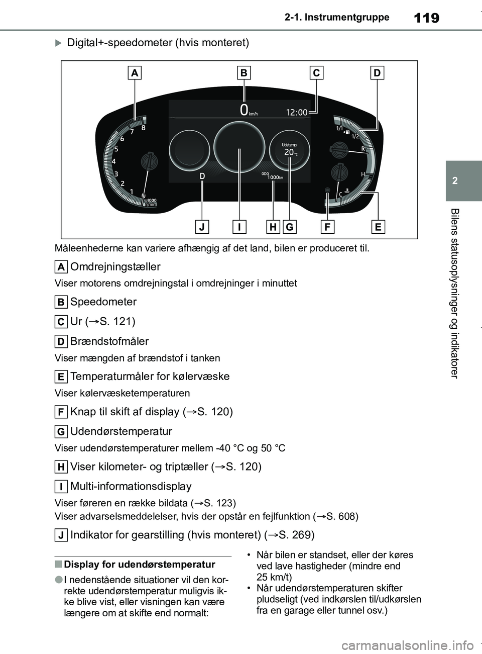 TOYOTA COROLLA HATCHBACK 2019 Brugsanvisning (in Danish) 119
2
COROLLA_TMUK_EE 2-1. Instrumentgruppe
Bilens statusoplysninger og indikatorer
Digital+-speedometer (hvis monteret)
Måleenhederne kan variere afhængig af det land, bilen er produceret til.
O TOYOTA COROLLA HATCHBACK 2019 Brugsanvisning (in Danish) 119
2
COROLLA_TMUK_EE 2-1. Instrumentgruppe
Bilens statusoplysninger og indikatorer
Digital+-speedometer (hvis monteret)
Måleenhederne kan variere afhængig af det land, bilen er produceret til.
O