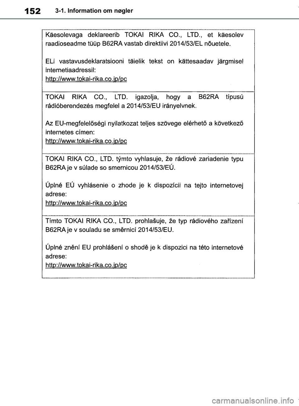 TOYOTA COROLLA HATCHBACK 2019  Brugsanvisning (in Danish) 152
COROLLA_TMUK_EE3-1. Information om nøgler
OM12L25DK.book  Page 152  Wednesday, April 10, 2019  9:44 AM 