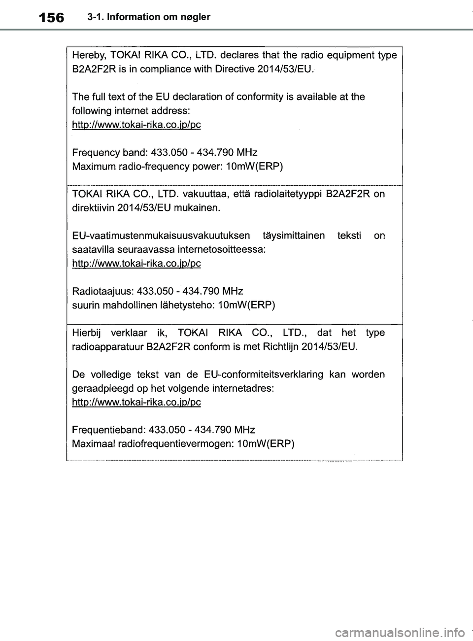 TOYOTA COROLLA HATCHBACK 2019  Brugsanvisning (in Danish) 156
COROLLA_TMUK_EE3-1. Information om nøgler
OM12L25DK.book  Page 156  Wednesday, April 10, 2019  9:44 AM 