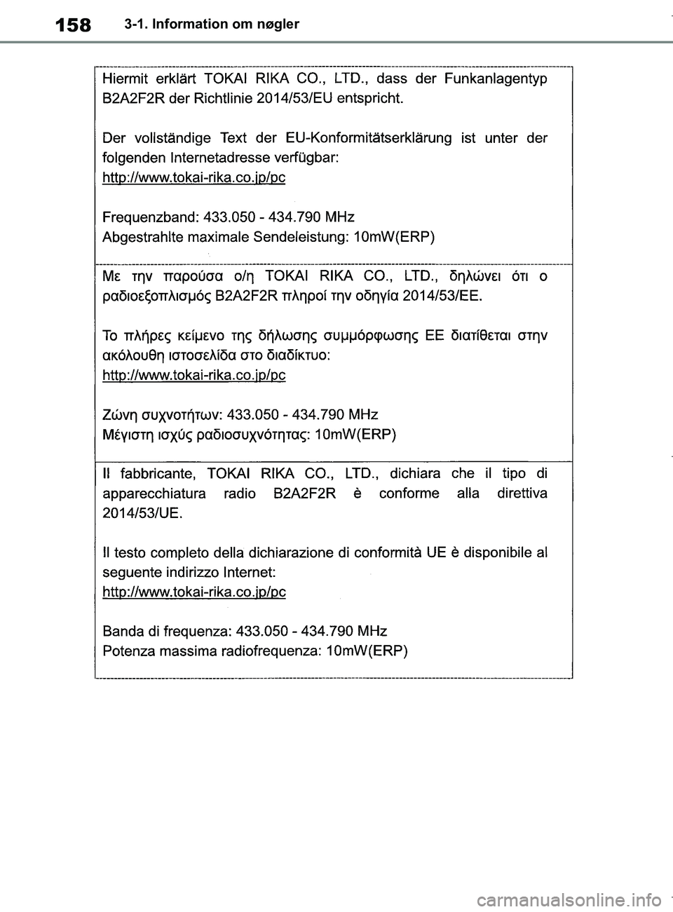 TOYOTA COROLLA HATCHBACK 2019  Brugsanvisning (in Danish) 158
COROLLA_TMUK_EE3-1. Information om nøgler
OM12L25DK.book  Page 158  Wednesday, April 10, 2019  9:44 AM 