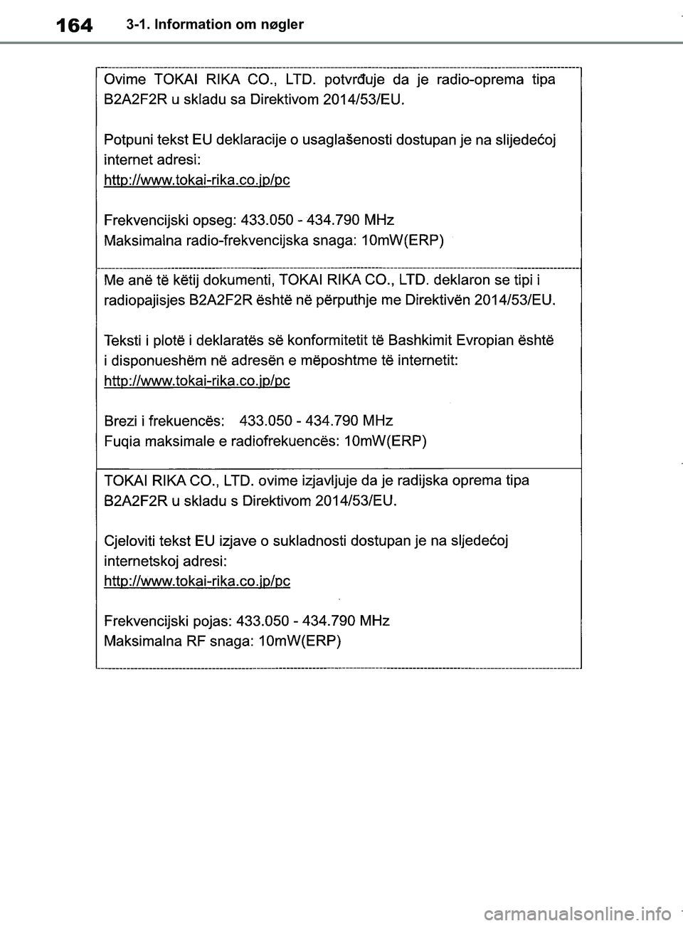 TOYOTA COROLLA HATCHBACK 2019  Brugsanvisning (in Danish) 164
COROLLA_TMUK_EE3-1. Information om nøgler
OM12L25DK.book  Page 164  Wednesday, April 10, 2019  9:44 AM 