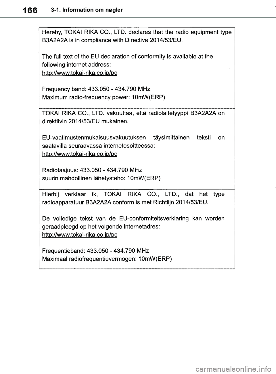 TOYOTA COROLLA HATCHBACK 2019  Brugsanvisning (in Danish) 166
COROLLA_TMUK_EE3-1. Information om nøgler
OM12L25DK.book  Page 166  Wednesday, April 10, 2019  9:44 AM 