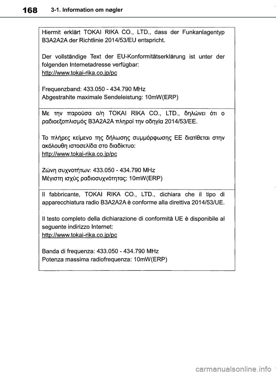 TOYOTA COROLLA HATCHBACK 2019  Brugsanvisning (in Danish) 168
COROLLA_TMUK_EE3-1. Information om nøgler
OM12L25DK.book  Page 168  Wednesday, April 10, 2019  9:44 AM 