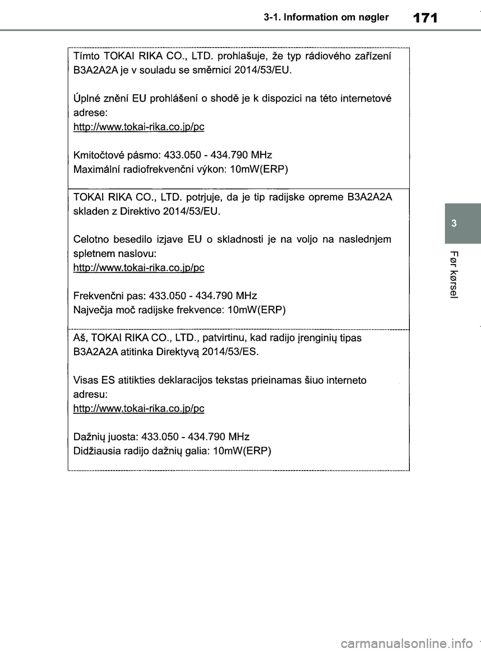 TOYOTA COROLLA HATCHBACK 2019  Brugsanvisning (in Danish) 171
3
COROLLA_TMUK_EE 3-1. Information om nøgler
Før kørsel
OM12L25DK.book  Page 171  Wednesday, April 10, 2019  9:44 AM 