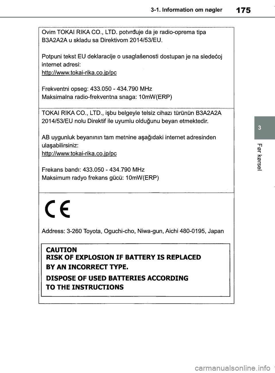 TOYOTA COROLLA HATCHBACK 2019  Brugsanvisning (in Danish) 175
3
COROLLA_TMUK_EE 3-1. Information om nøgler
Før kørsel
OM12L25DK.book  Page 175  Wednesday, April 10, 2019  9:44 AM 