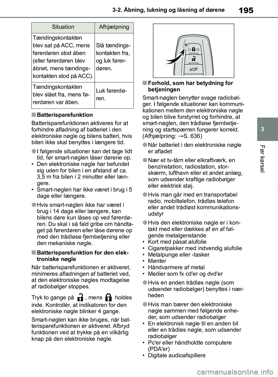 TOYOTA COROLLA HATCHBACK 2019  Brugsanvisning (in Danish) 195
3
COROLLA_TMUK_EE 3-2. Åbning, lukning og låsning af dørene
Før kørsel
nBatterisparefunktion
Batterisparefunktionen aktiveres for at 
forhindre afladning af batteriet i den 
elektroniske nøg