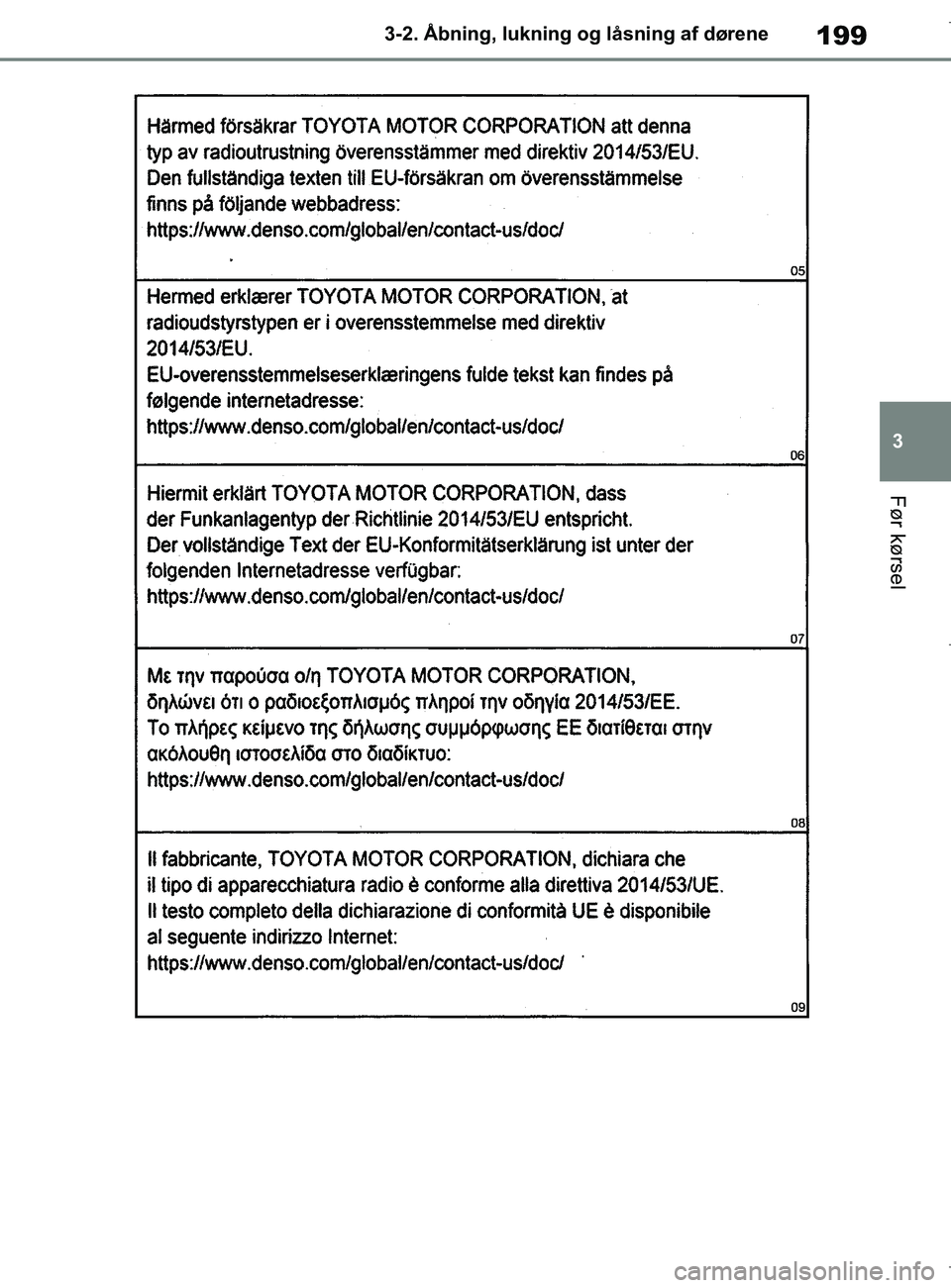 TOYOTA COROLLA HATCHBACK 2019  Brugsanvisning (in Danish) 199
3
COROLLA_TMUK_EE 3-2. Åbning, lukning og låsning af dørene
Før kørsel
OM12L25DK.book  Page 199  Wednesday, April 10, 2019  9:44 AM 