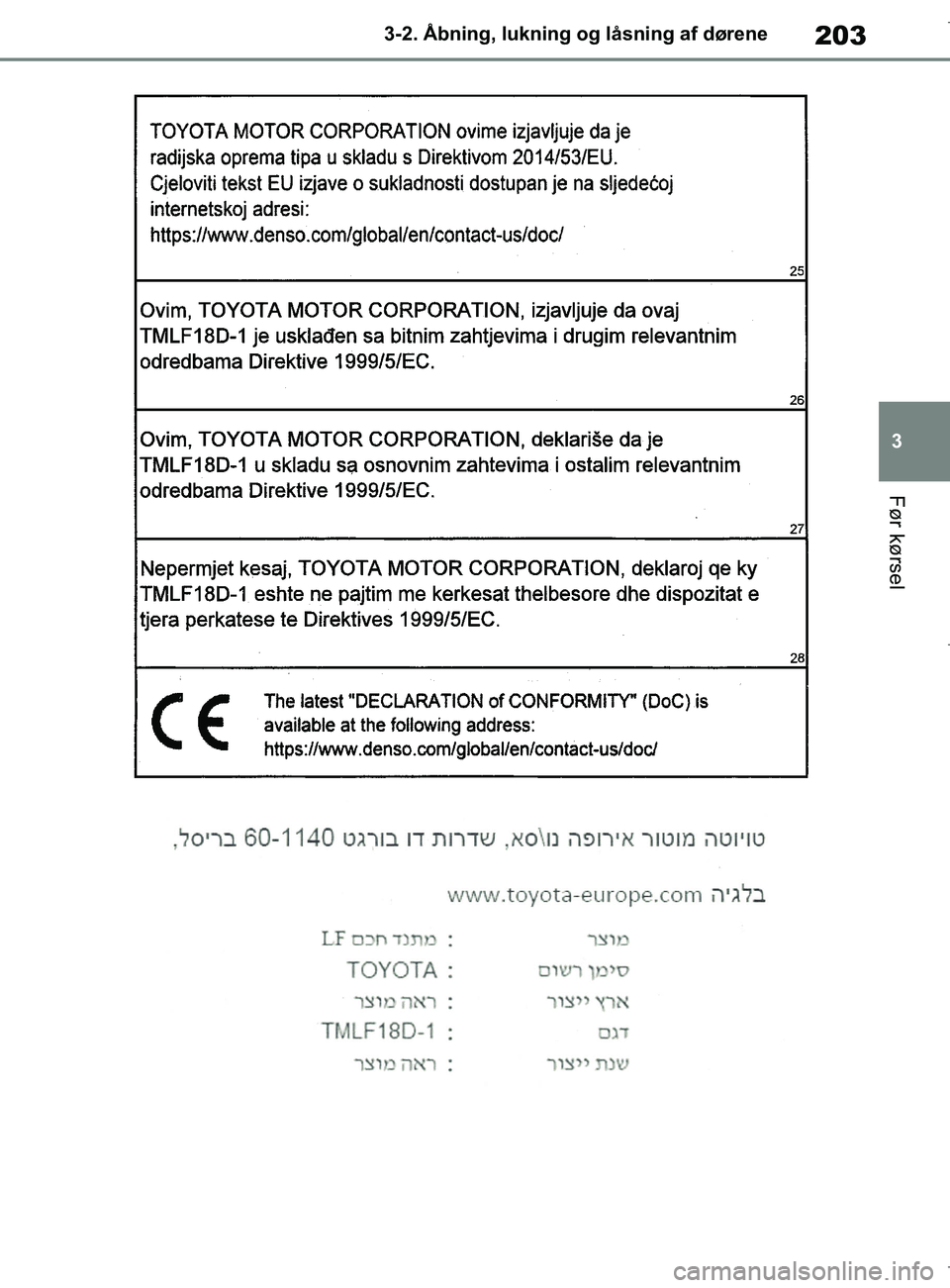 TOYOTA COROLLA HATCHBACK 2019  Brugsanvisning (in Danish) 203
3
COROLLA_TMUK_EE 3-2. Åbning, lukning og låsning af dørene
Før kørsel
OM12L25DK.book  Page 203  Wednesday, April 10, 2019  9:44 AM 