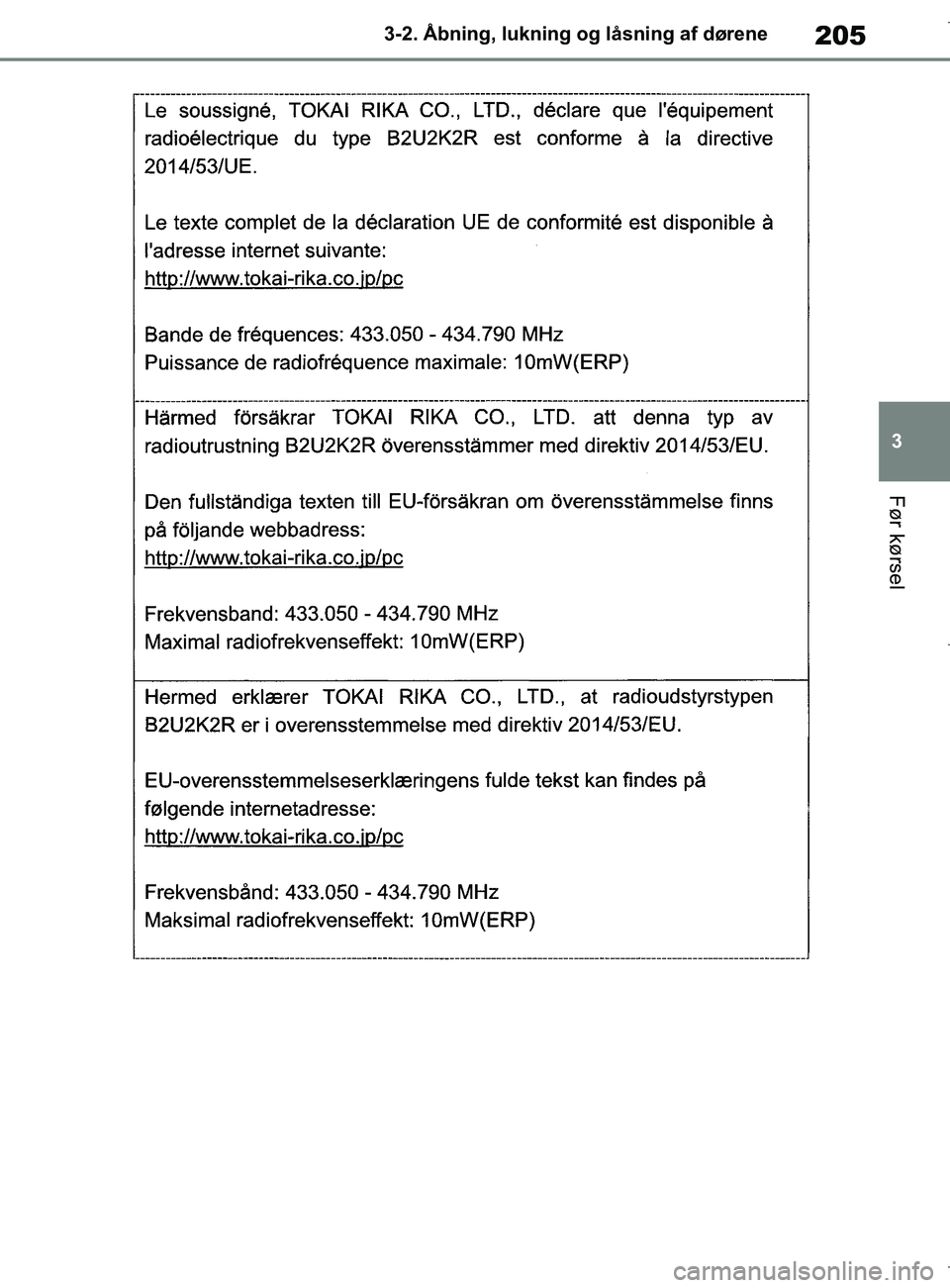 TOYOTA COROLLA HATCHBACK 2019  Brugsanvisning (in Danish) 205
3
COROLLA_TMUK_EE 3-2. Åbning, lukning og låsning af dørene
Før kørsel
OM12L25DK.book  Page 205  Wednesday, April 10, 2019  9:44 AM 