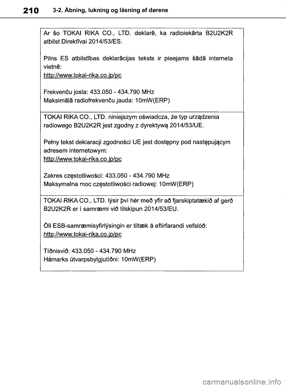 TOYOTA COROLLA HATCHBACK 2019  Brugsanvisning (in Danish) 210
COROLLA_TMUK_EE3-2. Åbning, lukning og låsning af dørene
OM12L25DK.book  Page 210  Wednesday, April 10, 2019  9:44 AM 
