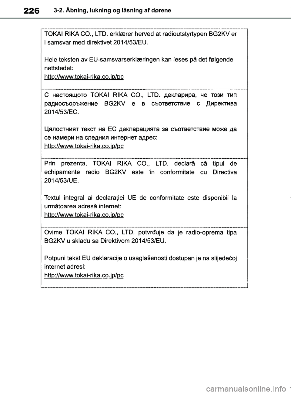 TOYOTA COROLLA HATCHBACK 2019  Brugsanvisning (in Danish) 226
COROLLA_TMUK_EE3-2. Åbning, lukning og låsning af dørene
OM12L25DK.book  Page 226  Wednesday, April 10, 2019  9:44 AM 