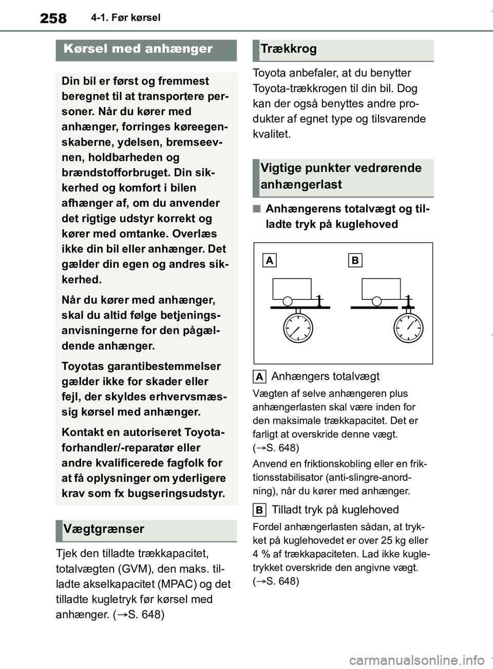 TOYOTA COROLLA HATCHBACK 2019  Brugsanvisning (in Danish) 258
COROLLA_TMUK_EE4-1. Før kørsel
Tjek den tilladte trækkapacitet, 
totalvægten (GVM), den maks. til-
ladte akselkapacitet (MPAC) og det 
tilladte kugletryk før kørsel med 
anhænger. (
S. 6