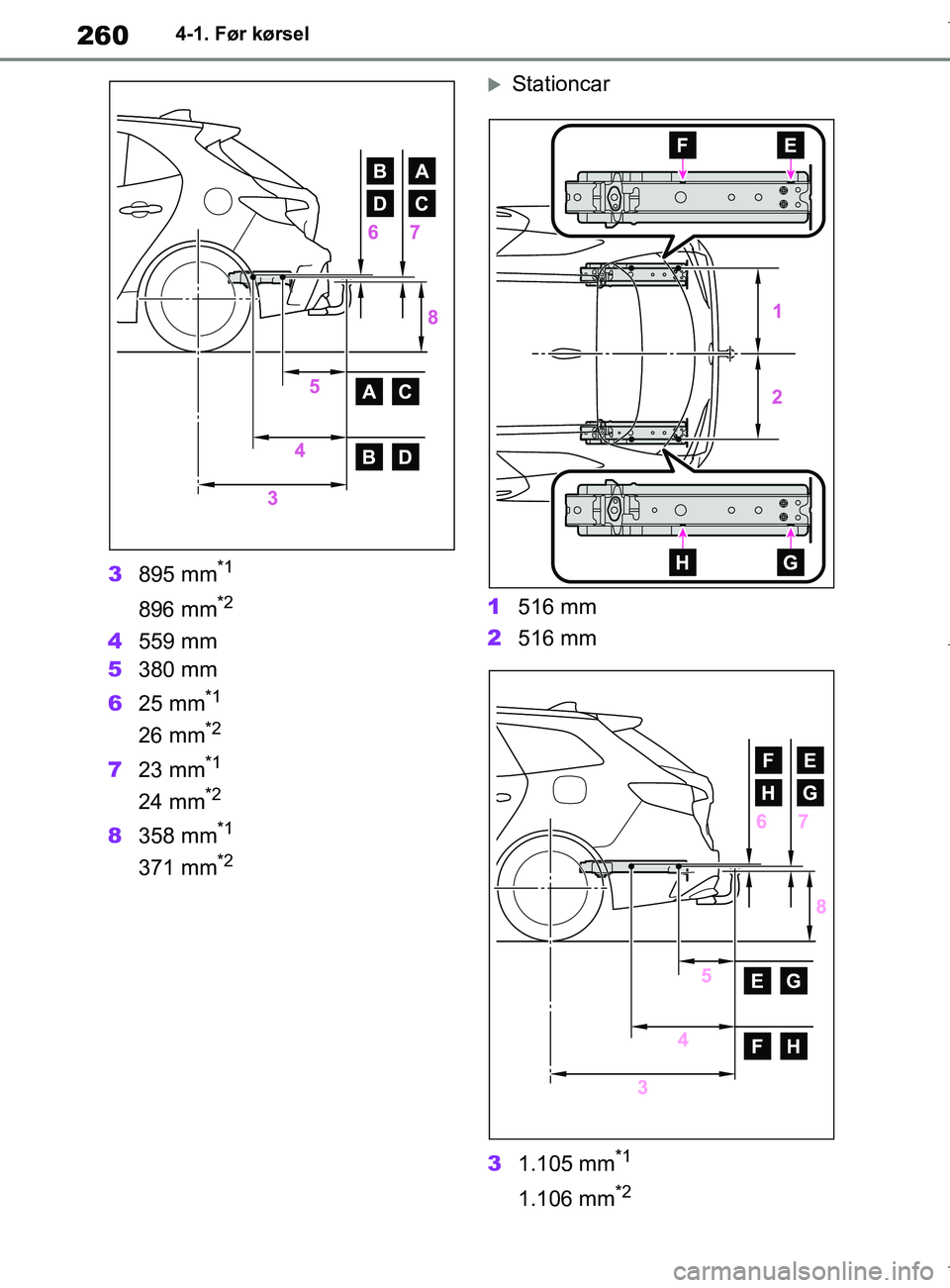 TOYOTA COROLLA HATCHBACK 2019  Brugsanvisning (in Danish) 260
COROLLA_TMUK_EE4-1. Før kørsel
3
895 mm*1
896 mm*2
4559 mm
5 380 mm
6 25 mm
*1
26 mm*2
723 mm*1
24 mm*2
8358 mm*1
371 mm*2 
Stationcar
1 516 mm
2 516 mm
3 1.105 mm
*1
1.106 mm*2
OM12L25DK.boo