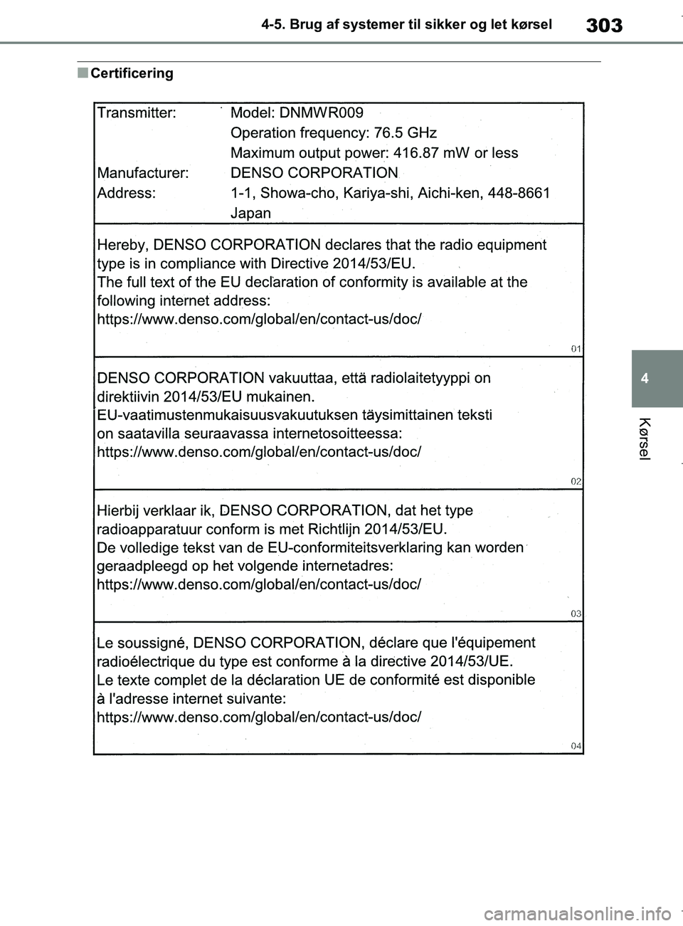 TOYOTA COROLLA HATCHBACK 2019  Brugsanvisning (in Danish) 303
4
COROLLA_TMUK_EE 4-5. Brug af systemer til sikker og let kørsel
Kørsel
nCertificering
OM12L25DK.book  Page 303  Wednesday, April 10, 2019  9:44 AM 